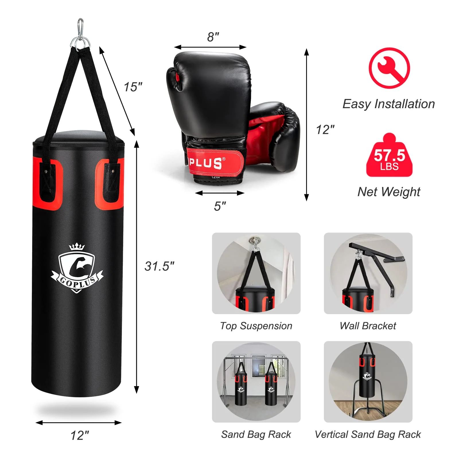 Goplus Punching Bag for Adults, 56 lbs Heavy Hanging Boxing Bag Set with 12 OZ Punching Gloves & Hand Wraps - Image 8