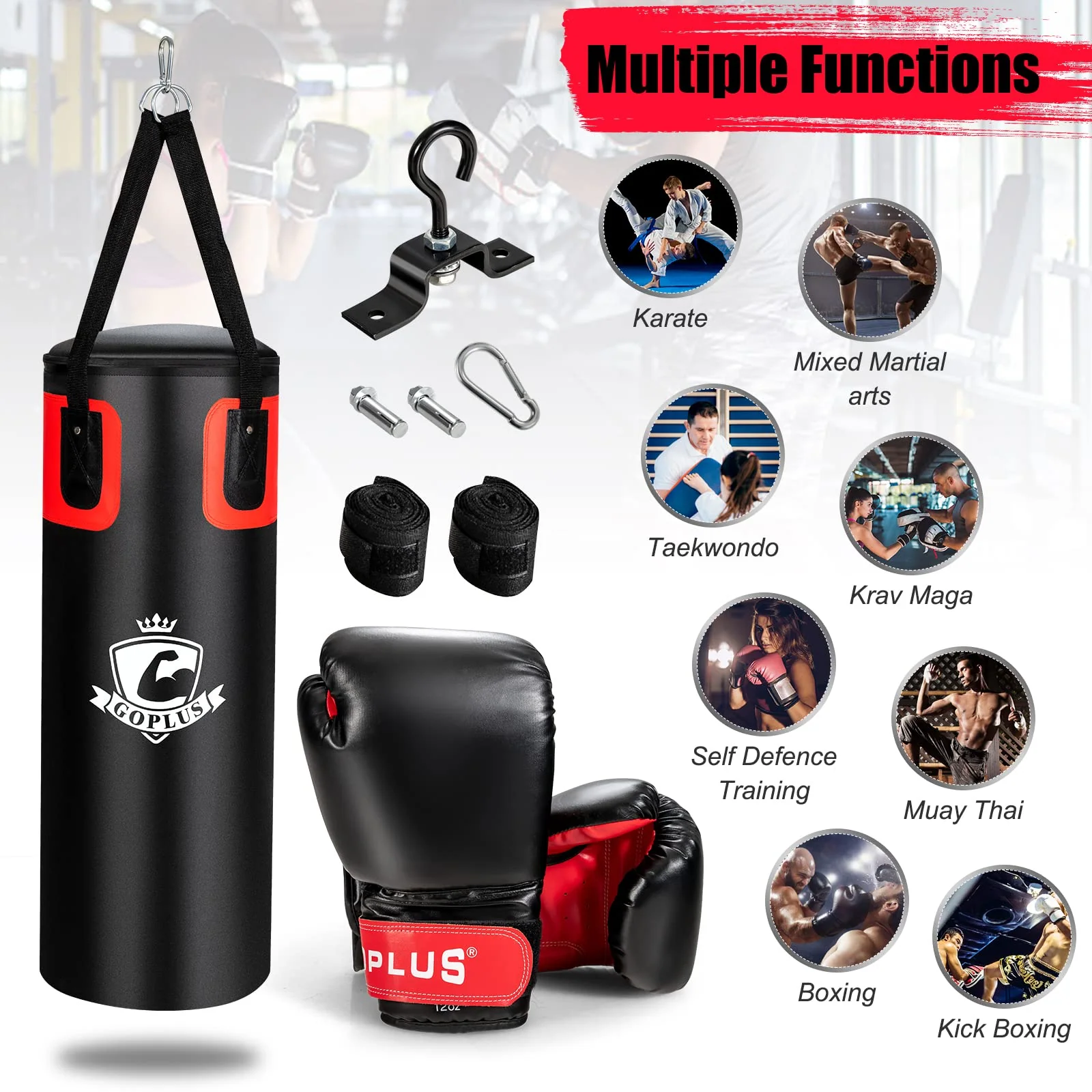 Goplus Punching Bag for Adults, 56 lbs Heavy Hanging Boxing Bag Set with 12 OZ Punching Gloves & Hand Wraps - Image 9