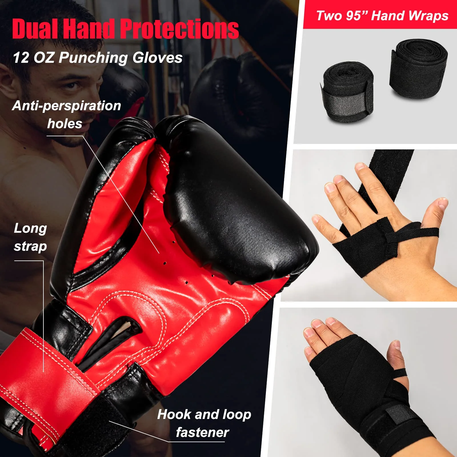 Goplus Punching Bag for Adults, 63LBS Filled Hanging Boxing Bag Set with 12OZ Boxing Gloves & 95" Hand Wraps - Image 3