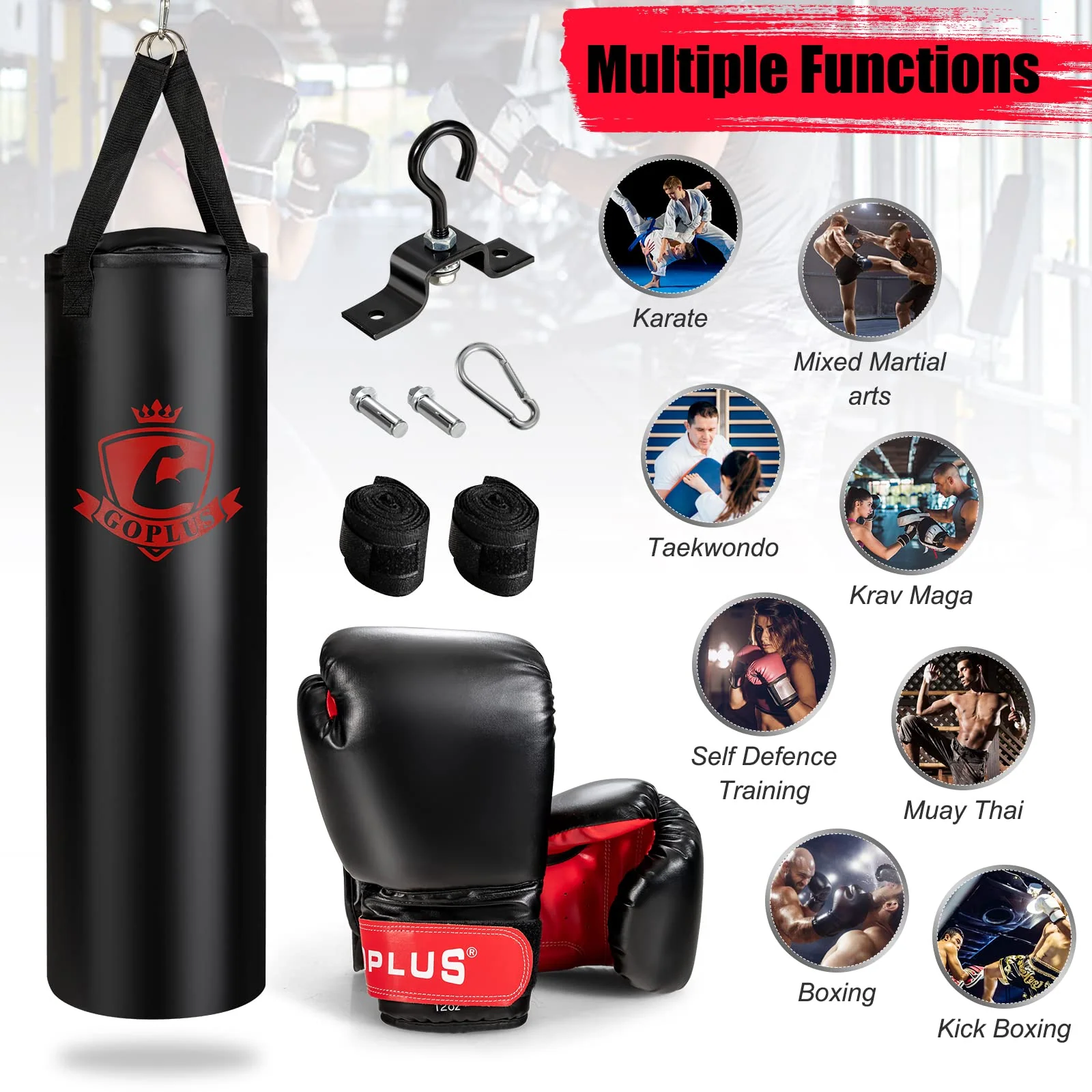 Goplus Punching Bag for Adults, 63LBS Filled Hanging Boxing Bag Set with 12OZ Boxing Gloves & 95" Hand Wraps - Image 7