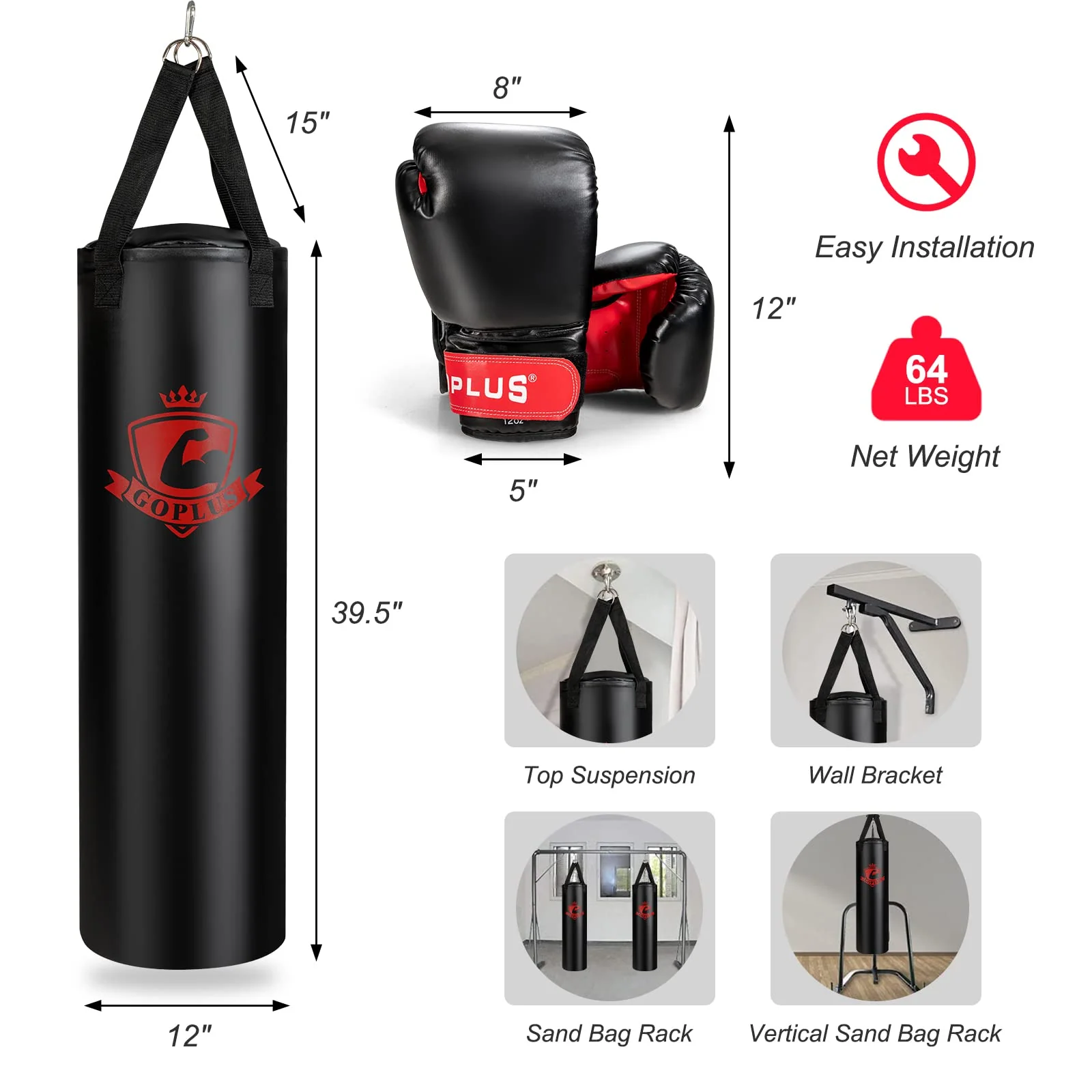 Goplus Punching Bag for Adults, 63LBS Filled Hanging Boxing Bag Set with 12OZ Boxing Gloves & 95" Hand Wraps - Image 8