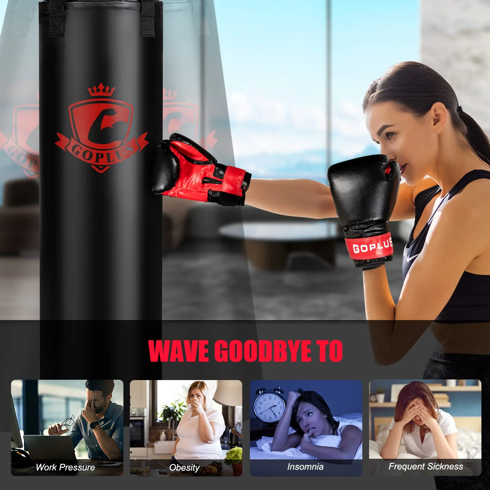 Goplus Punching Bag for Adults, 63LBS Filled Hanging Boxing Bag Set with 12OZ Boxing Gloves & 95" Hand Wraps - Image 9
