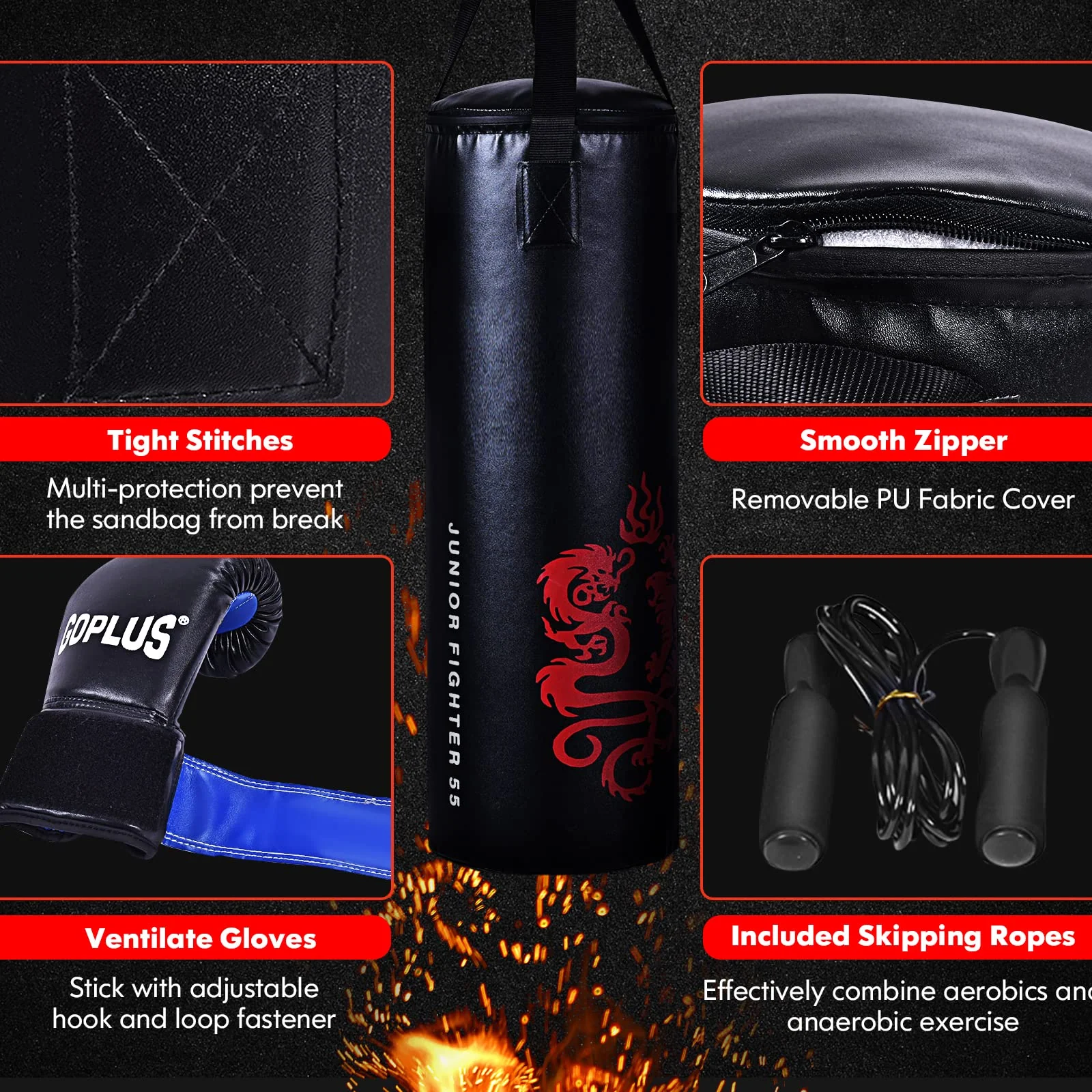 Goplus Punching Bag Set with Gloves, 40LBS Filled Kick Boxing Bag, Rucksack, Jump Rope - Image 5