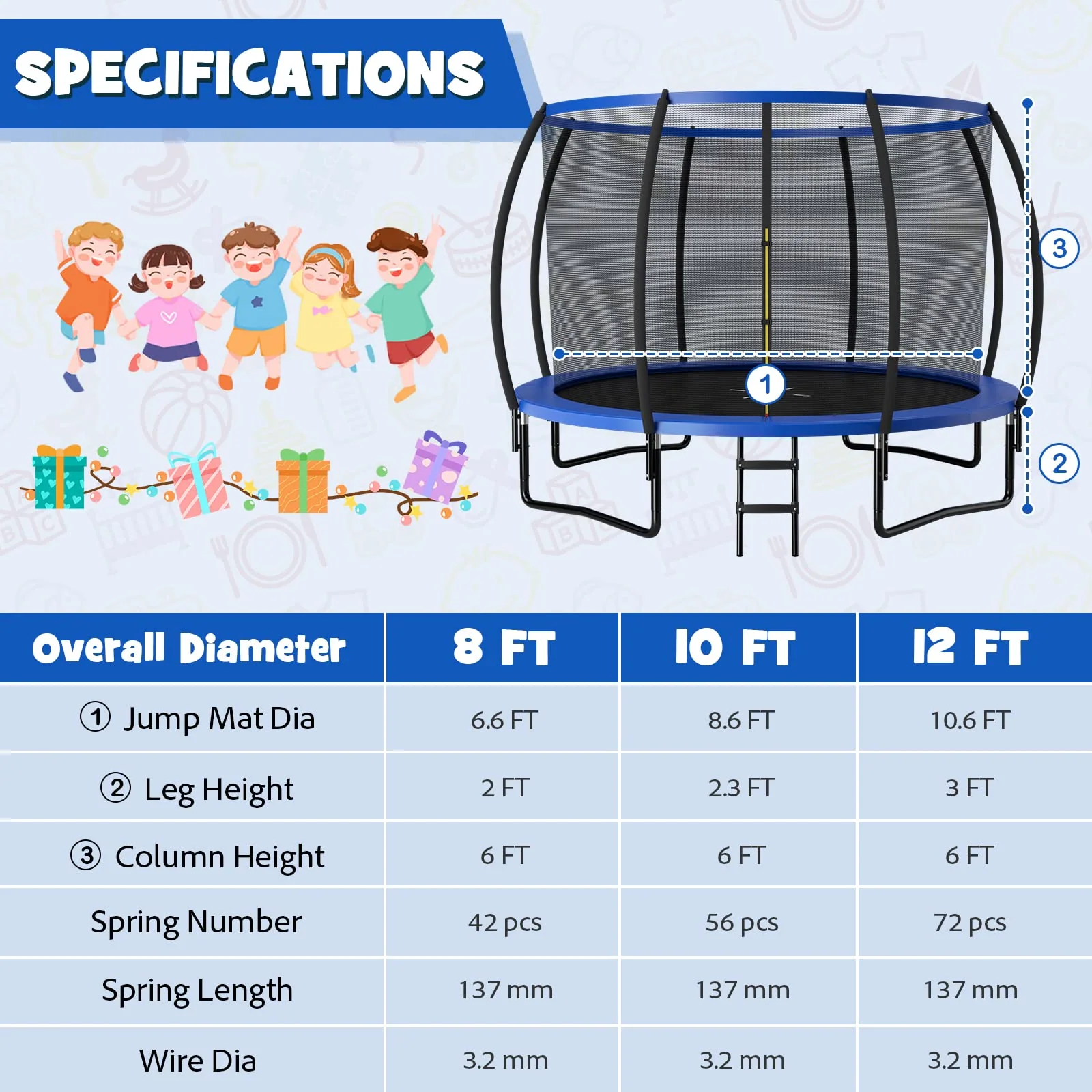 Goplus Recreational Trampolines 8FT 10FT 12FT, 400LBS Bearing Outdoor Trampoline with Enclosure - Image 16