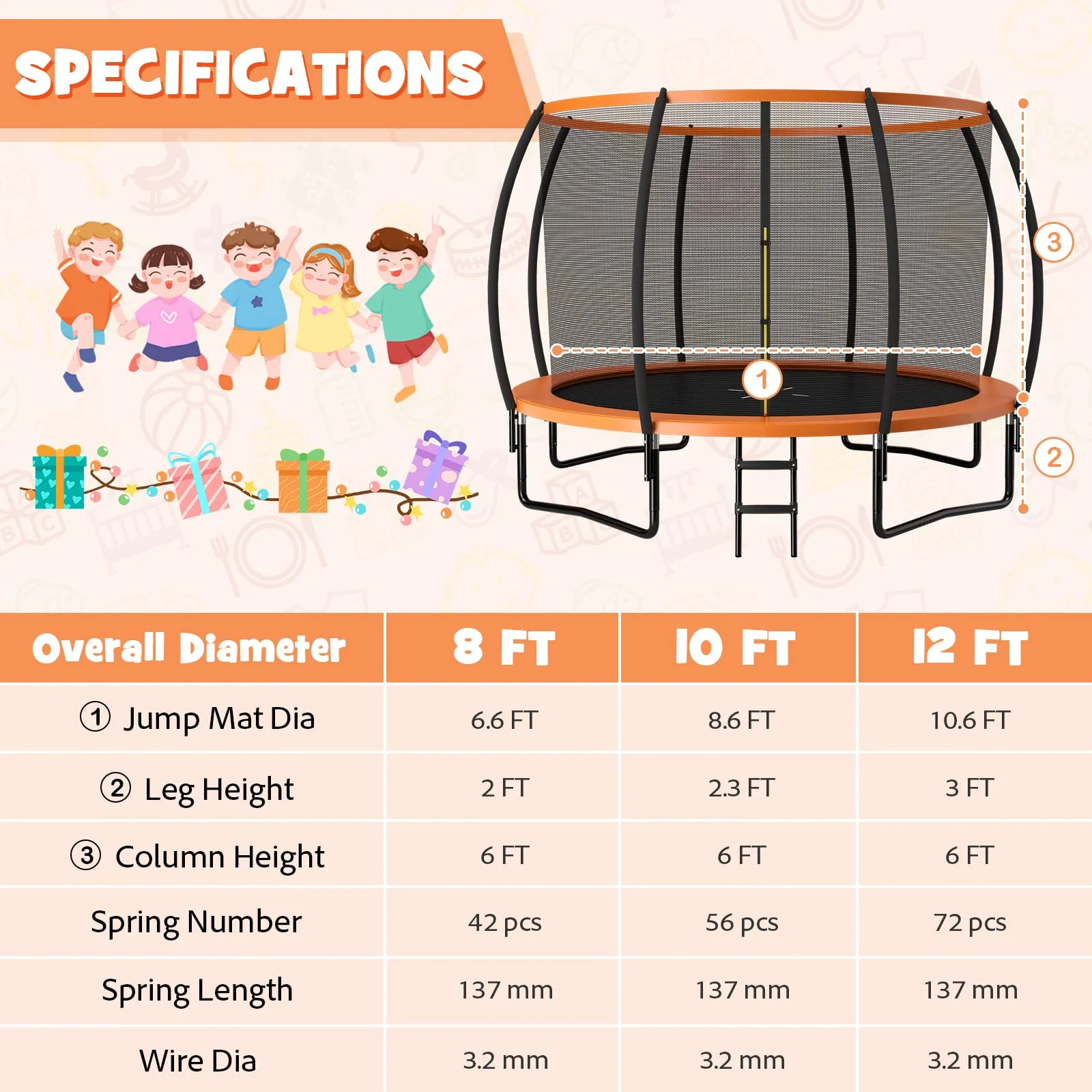 Goplus Recreational Trampolines 8FT 10FT 12FT, 400LBS Bearing Outdoor Trampoline with Enclosure - Image 25