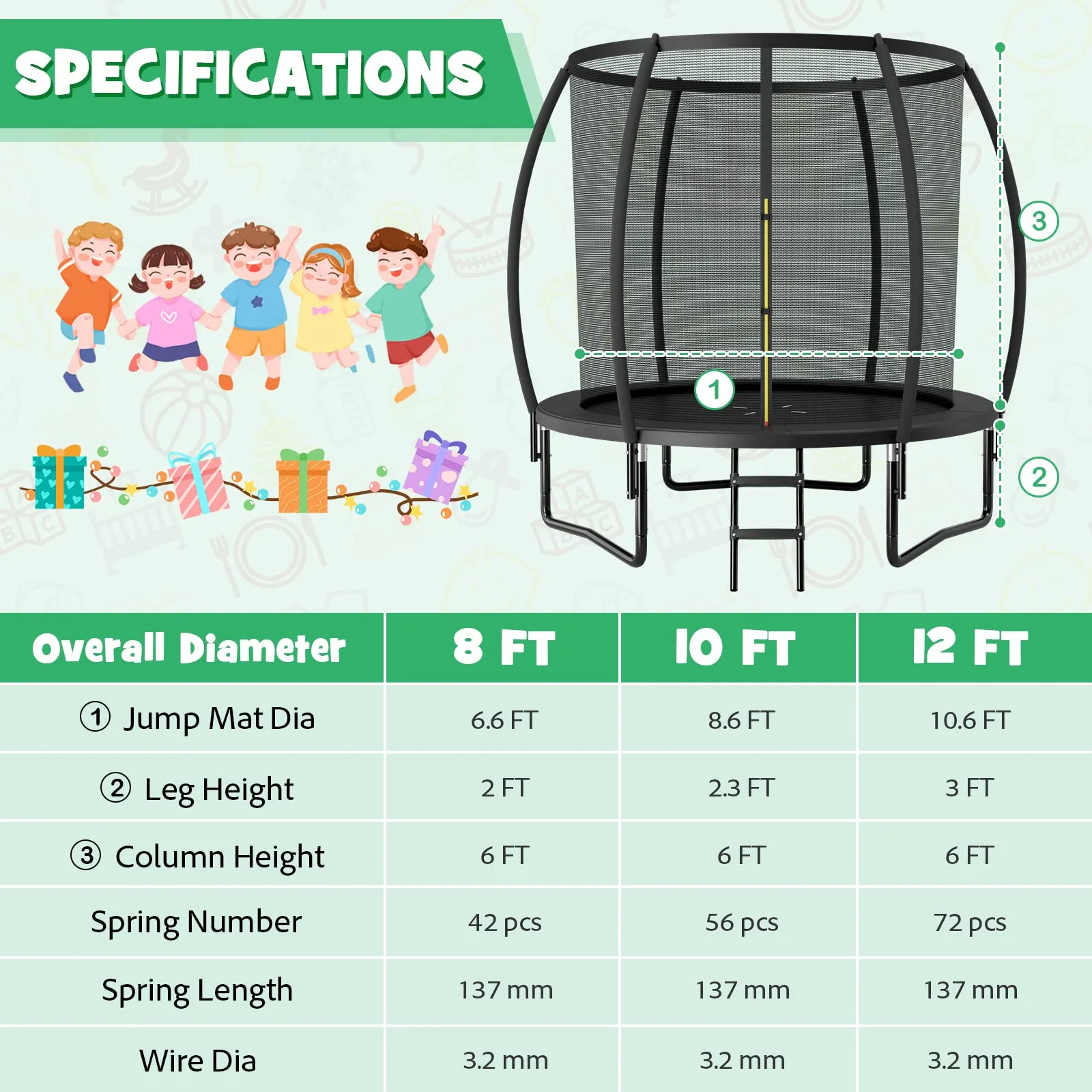 Goplus Recreational Trampolines 8FT 10FT 12FT, 400LBS Bearing Outdoor Trampoline with Enclosure - Image 7