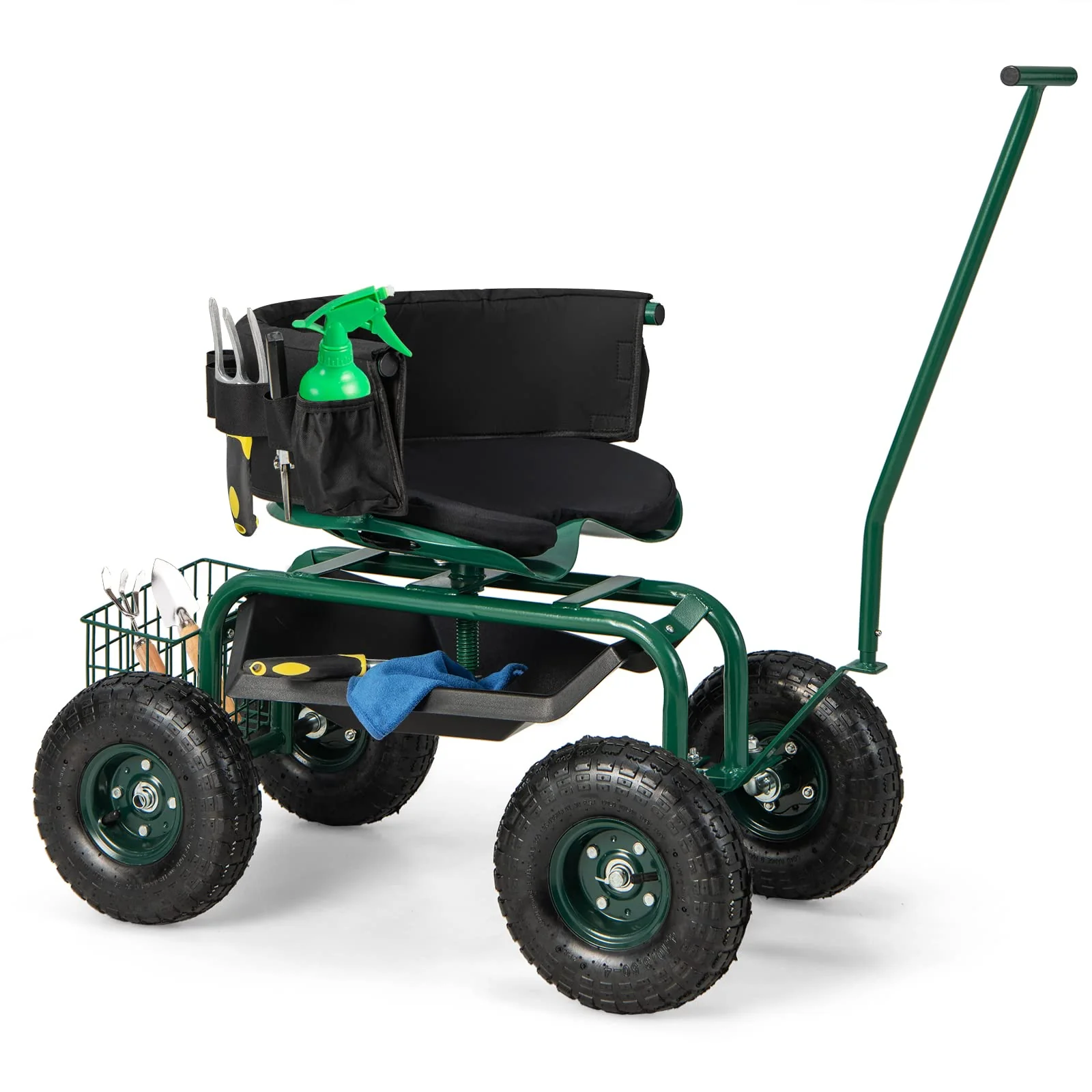 Goplus Rolling Garden Cart, Garden Scooter with Seat & Tool Storage, Outdoor Gardening Workseat