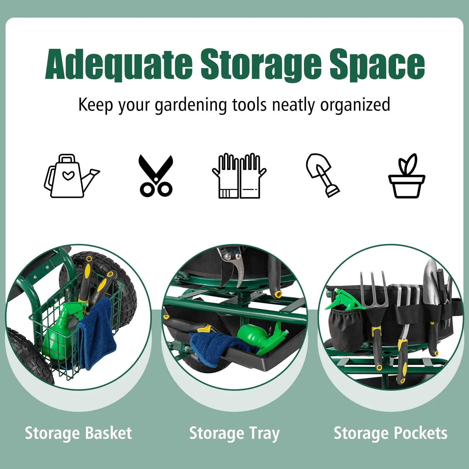 Goplus Rolling Garden Cart, Garden Scooter with Seat & Tool Storage, Outdoor Gardening Workseat - Image 5