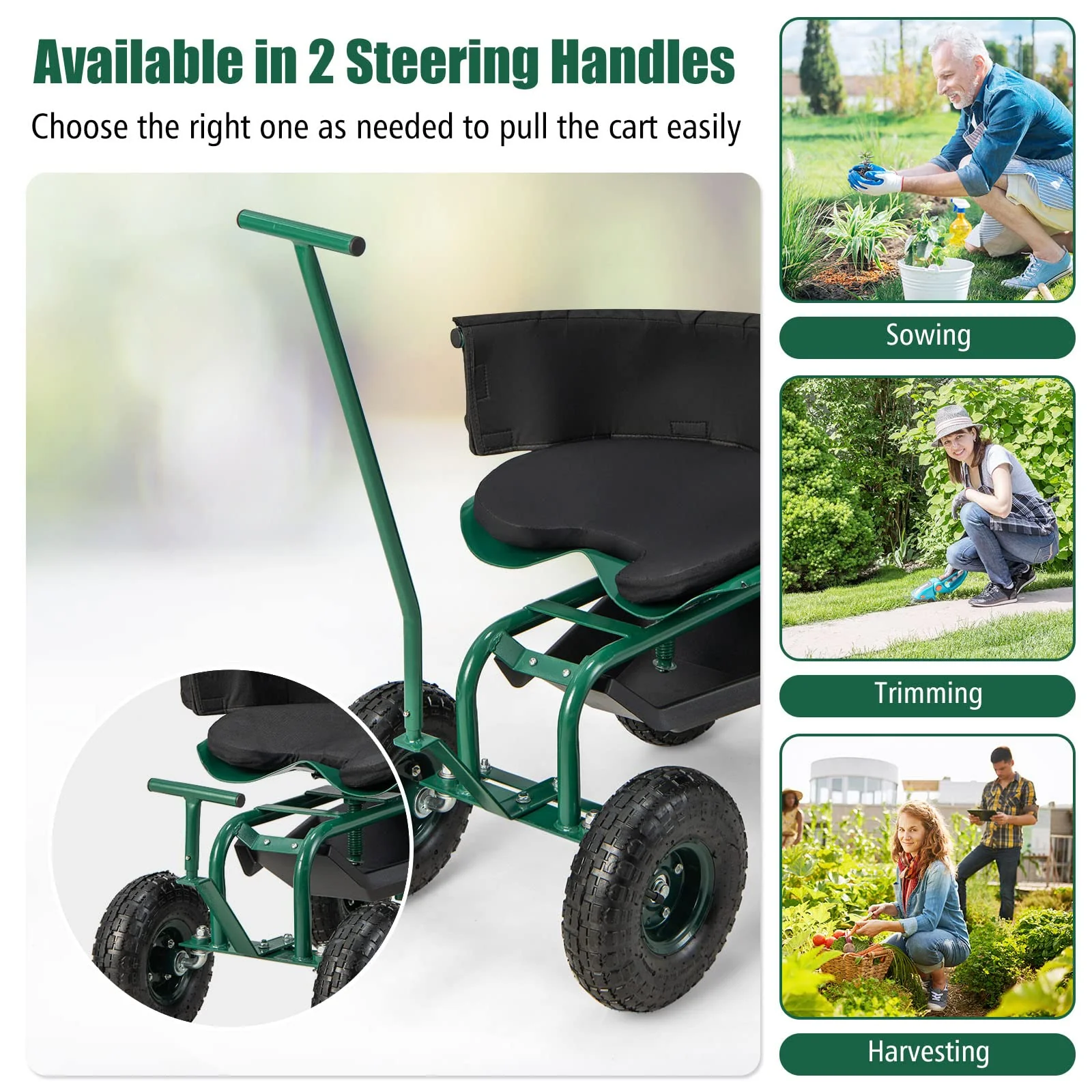 Goplus Rolling Garden Cart, Garden Scooter with Seat & Tool Storage, Outdoor Gardening Workseat - Image 6