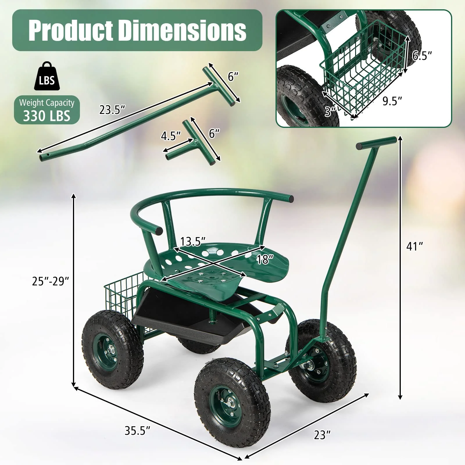 Goplus Rolling Garden Cart, Garden Scooter with Seat & Tool Storage, Outdoor Gardening Workseat - Image 7