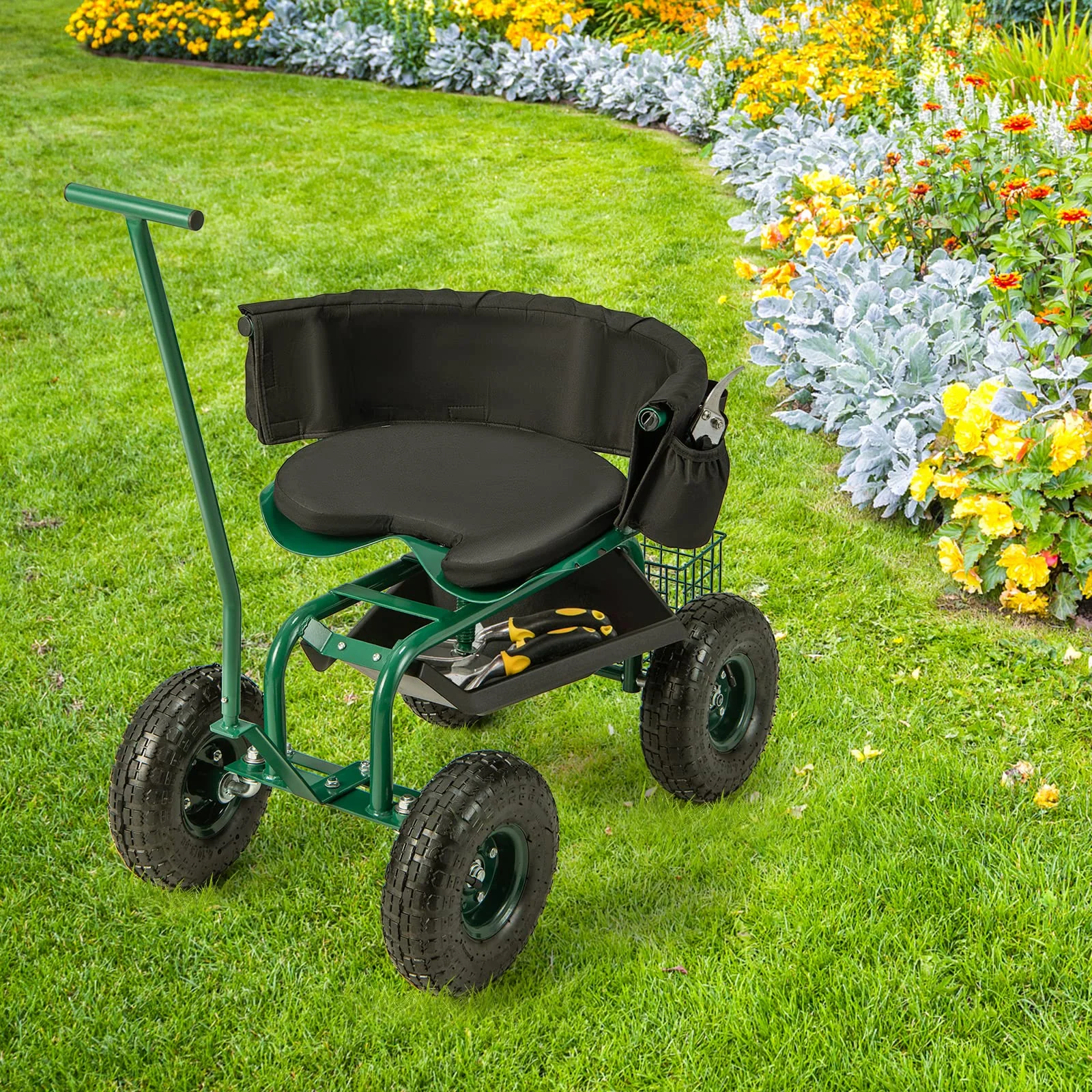 Goplus Rolling Garden Cart, Garden Scooter with Seat & Tool Storage, Outdoor Gardening Workseat - Image 8