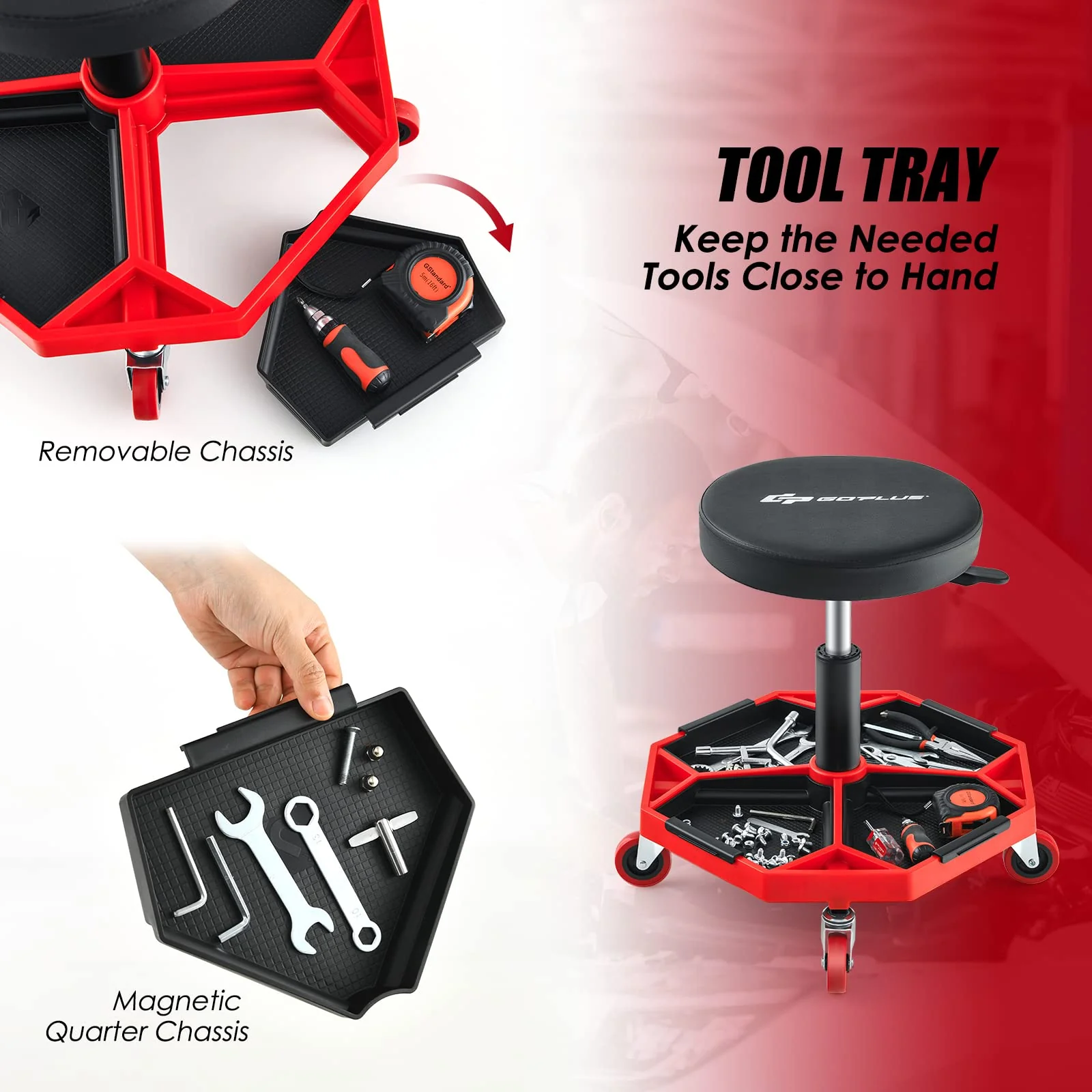 Goplus Rolling Mechanic Stool, Adjustable Pneumatic Shop Stool Creeper Seat with Removable Magnetic Tool Tray - Image 3