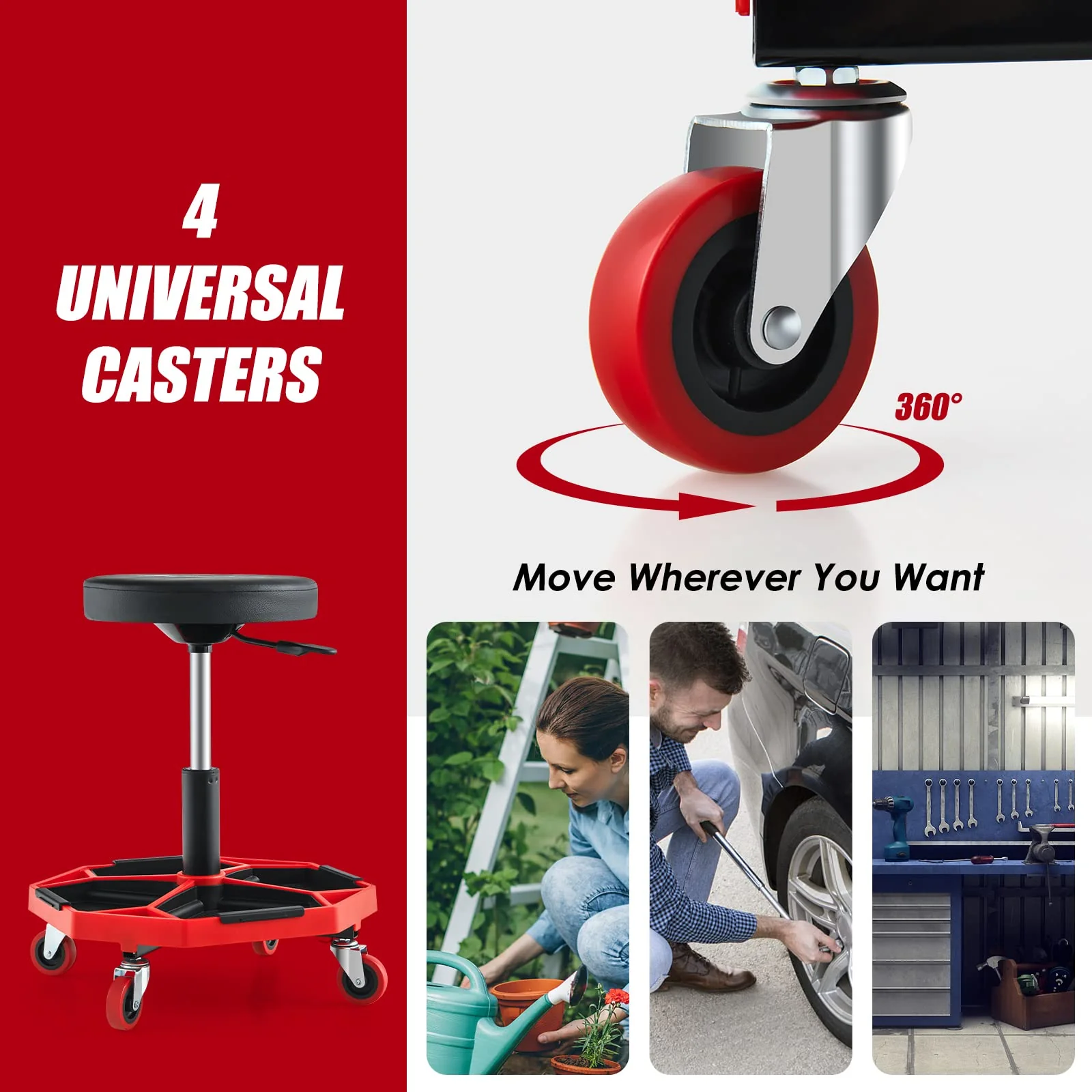 Goplus Rolling Mechanic Stool, Adjustable Pneumatic Shop Stool Creeper Seat with Removable Magnetic Tool Tray - Image 4
