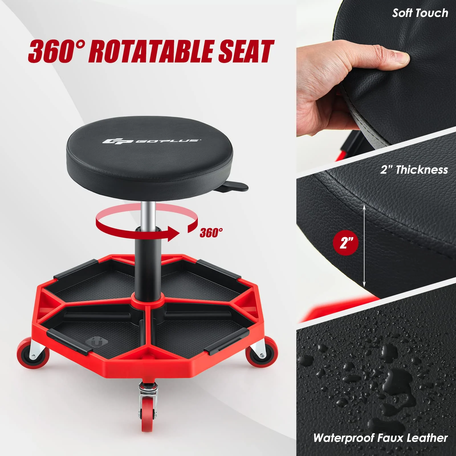 Goplus Rolling Mechanic Stool, Adjustable Pneumatic Shop Stool Creeper Seat with Removable Magnetic Tool Tray - Image 5