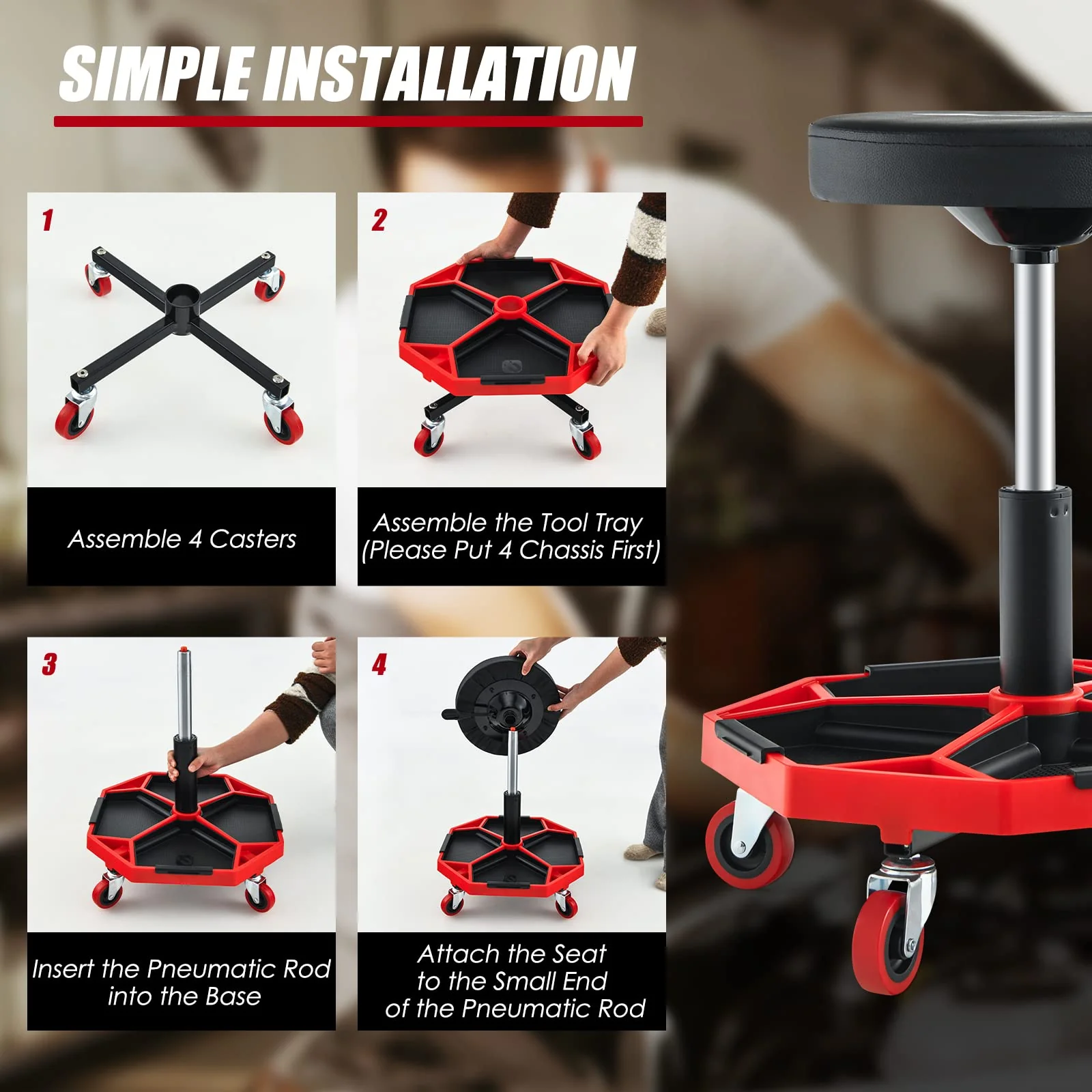 Goplus Rolling Mechanic Stool, Adjustable Pneumatic Shop Stool Creeper Seat with Removable Magnetic Tool Tray - Image 6