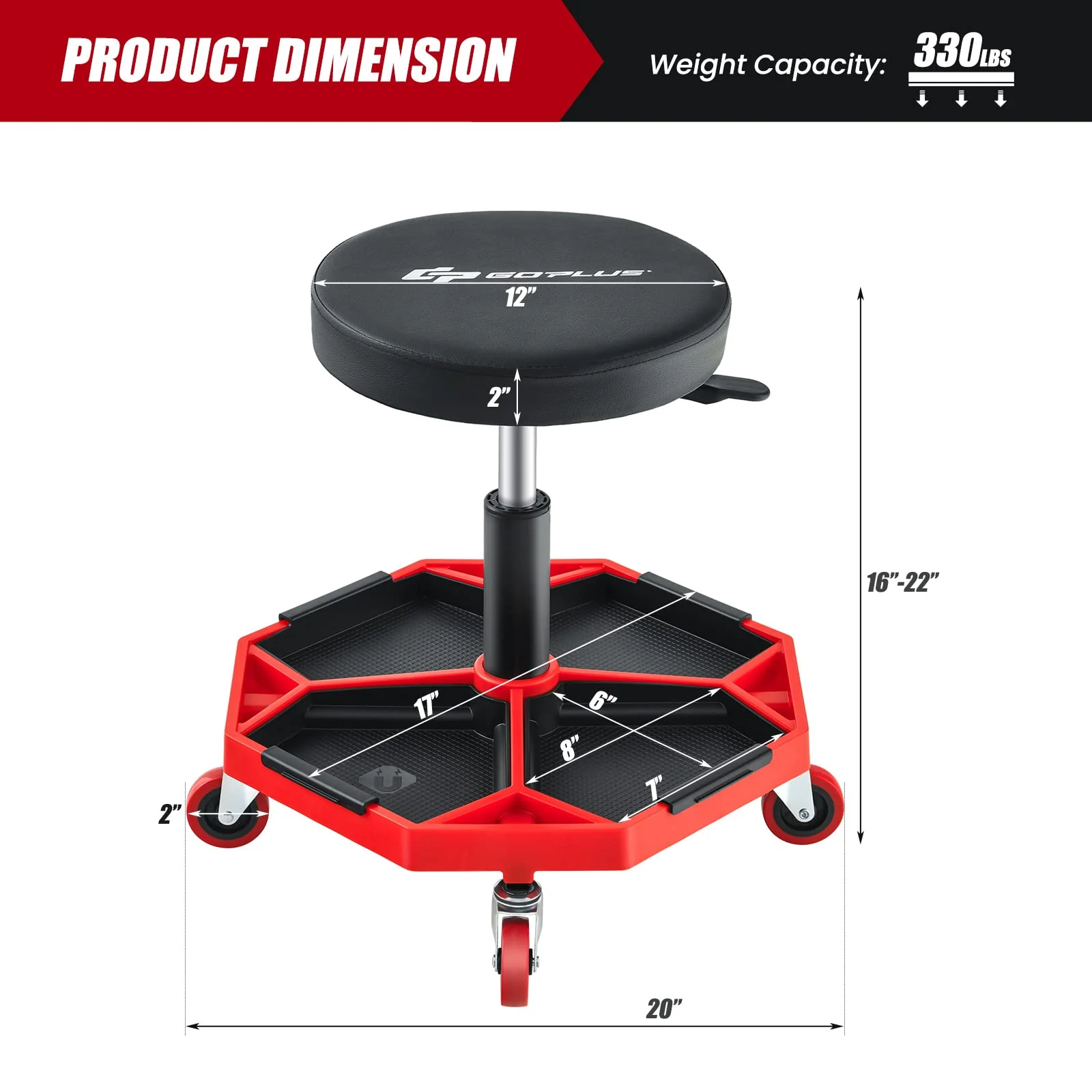 Goplus Rolling Mechanic Stool, Adjustable Pneumatic Shop Stool Creeper Seat with Removable Magnetic Tool Tray - Image 7
