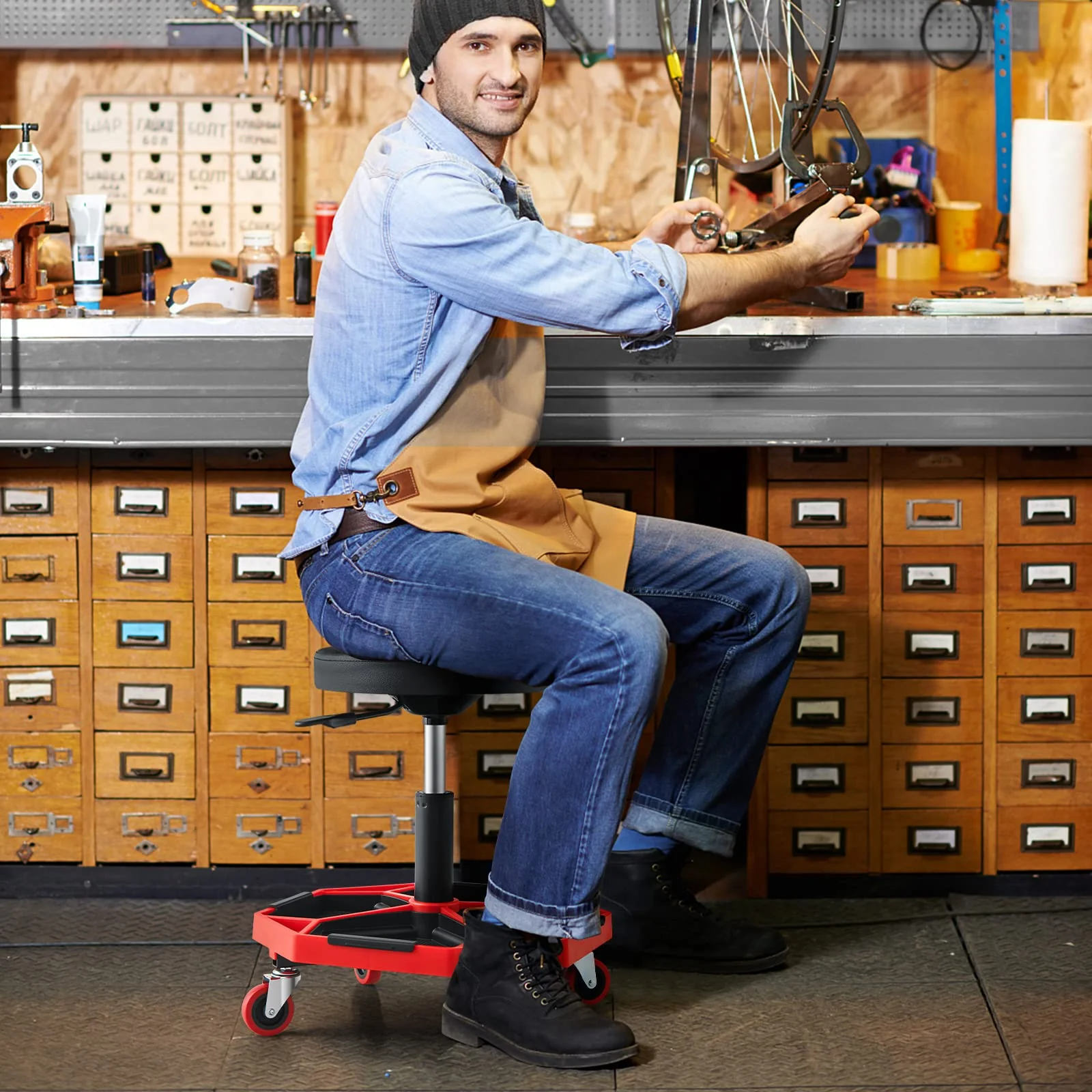 Goplus Rolling Mechanic Stool, Adjustable Pneumatic Shop Stool Creeper Seat with Removable Magnetic Tool Tray - Image 8