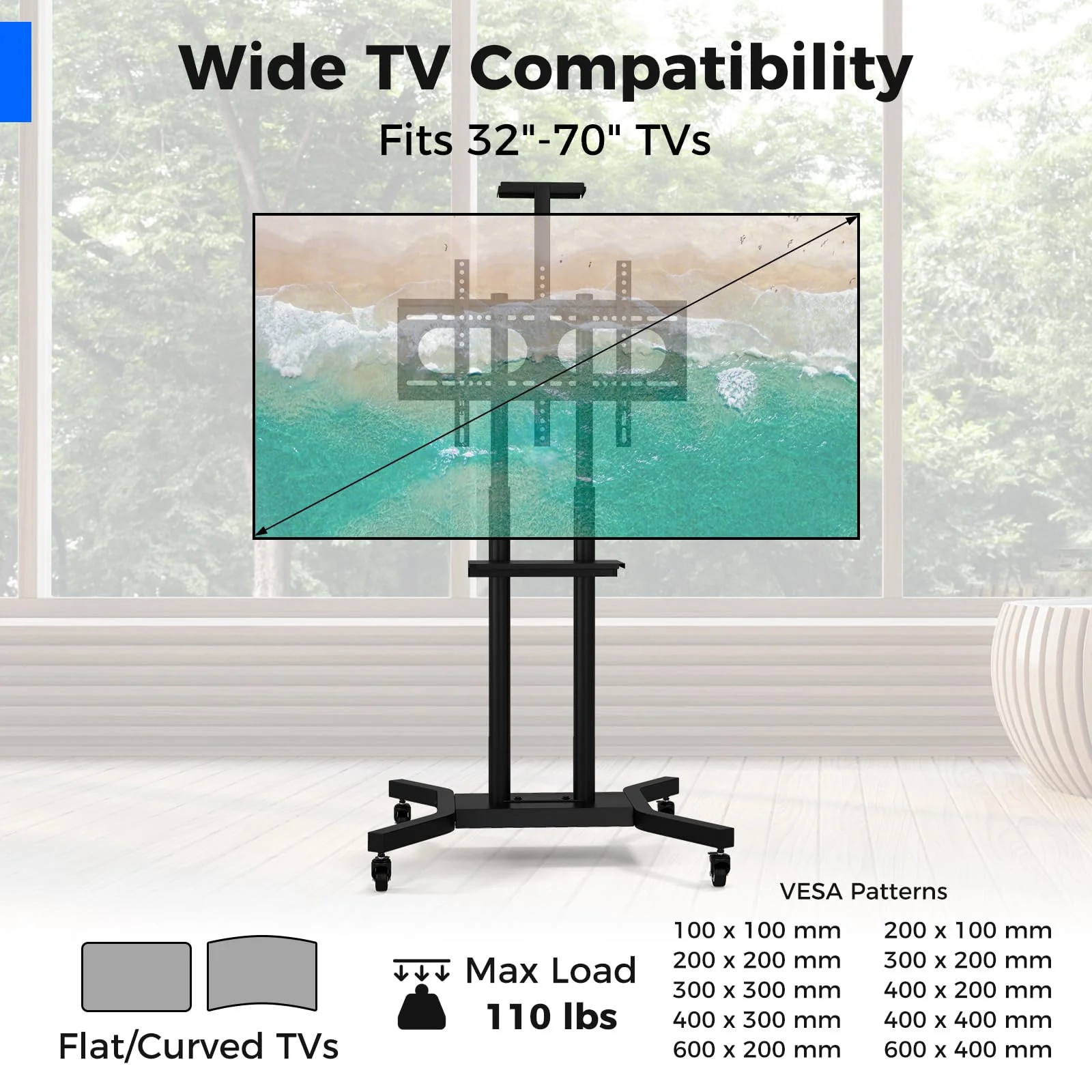 Goplus Rolling TV Stand for 32-70 Inch Flat/Curved TVs up to 110 lbs, Max VESA 600 X 400 mm - Image 3