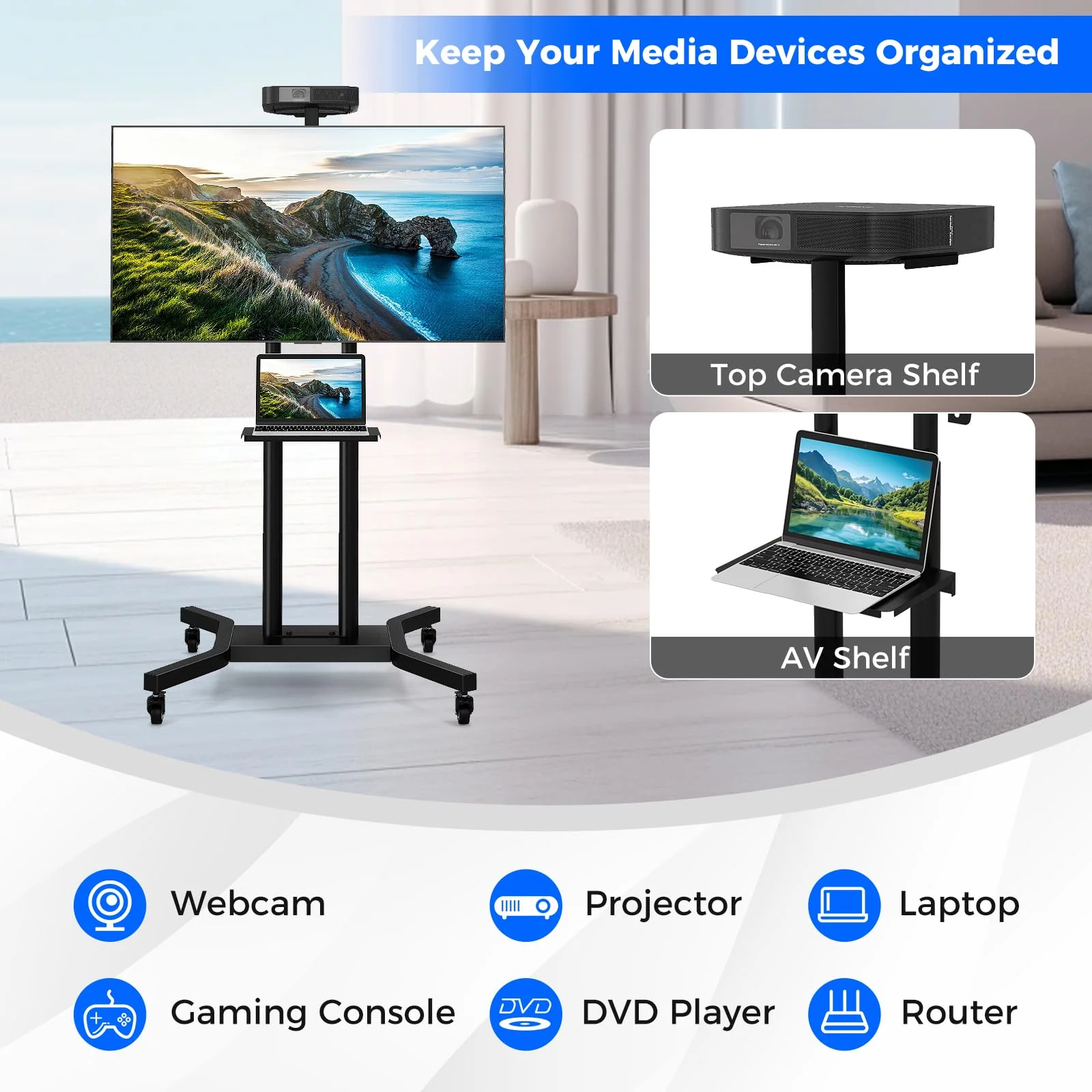 Goplus Rolling TV Stand for 32-70 Inch Flat/Curved TVs up to 110 lbs, Max VESA 600 X 400 mm - Image 6