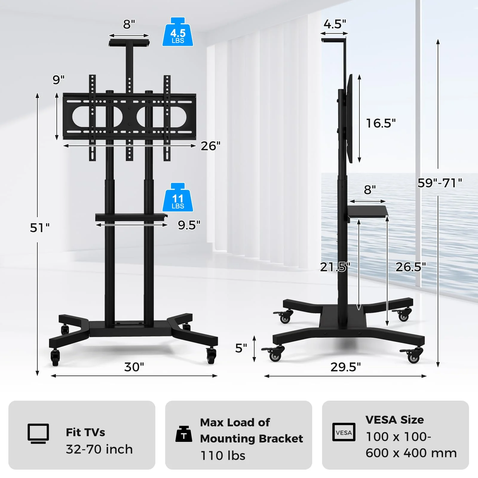 Goplus Rolling TV Stand for 32-70 Inch Flat/Curved TVs up to 110 lbs, Max VESA 600 X 400 mm - Image 7