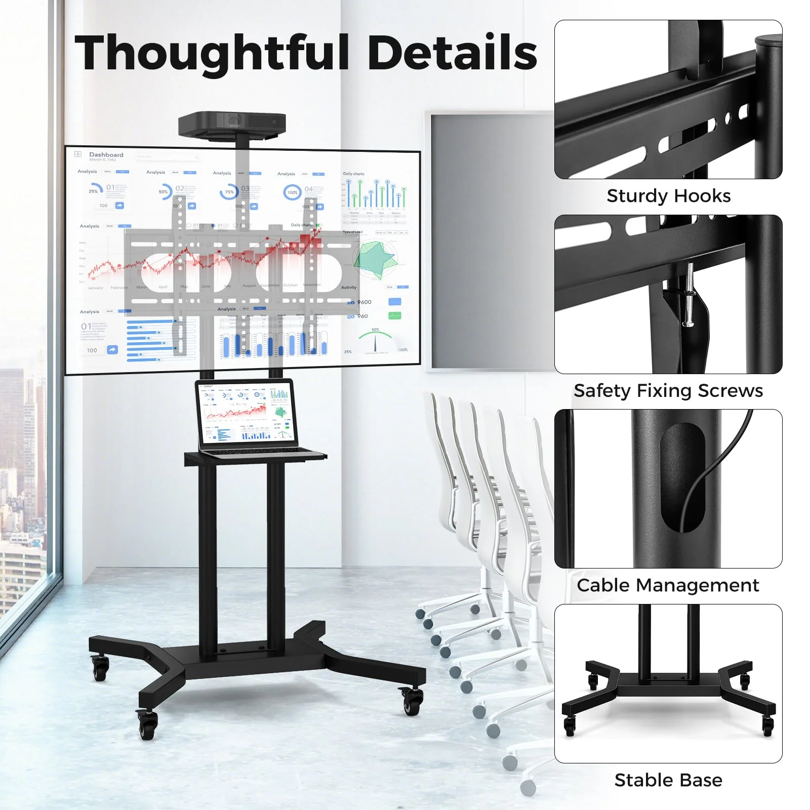 Goplus Rolling TV Stand for 32-70 Inch Flat/Curved TVs up to 110 lbs, Max VESA 600 X 400 mm - Image 8