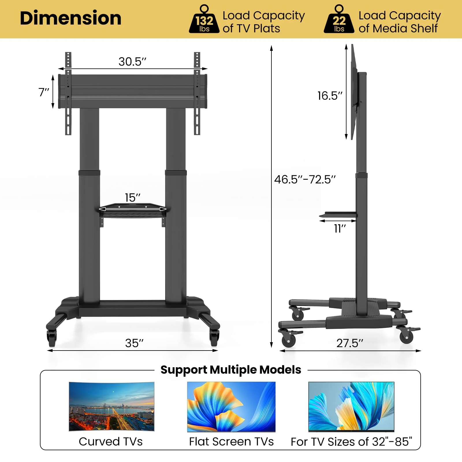 Goplus Rolling TV Stand for 32"-85" Flat Curved LED/LCD/OLED TVs up to 132 LBS, Mobile Floor TV Trolley Max VESA 400 x 700 mm - Image 7