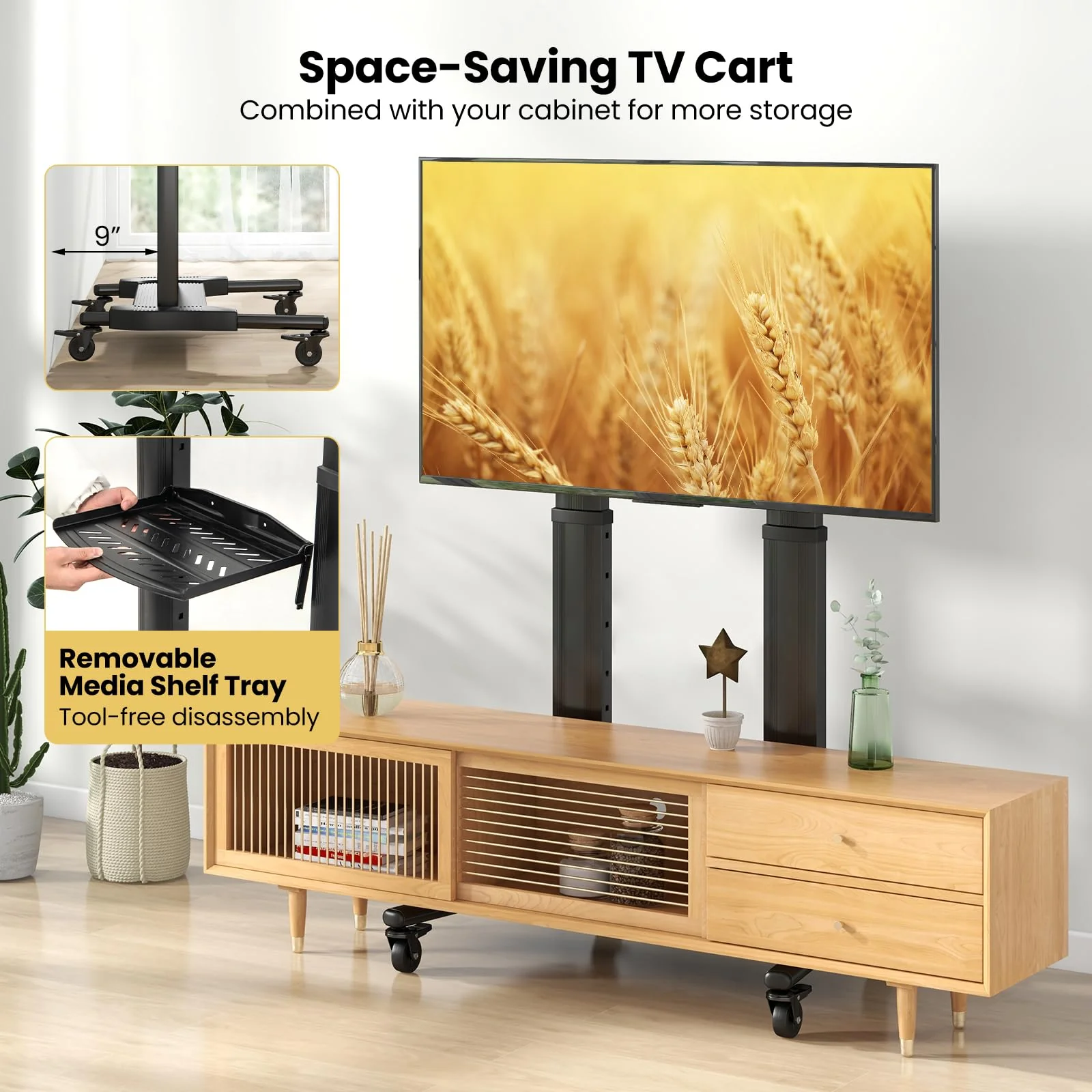 Goplus Rolling TV Stand for 32"-85" Flat Curved LED/LCD/OLED TVs up to 132 LBS, Mobile Floor TV Trolley Max VESA 400 x 700 mm - Image 9