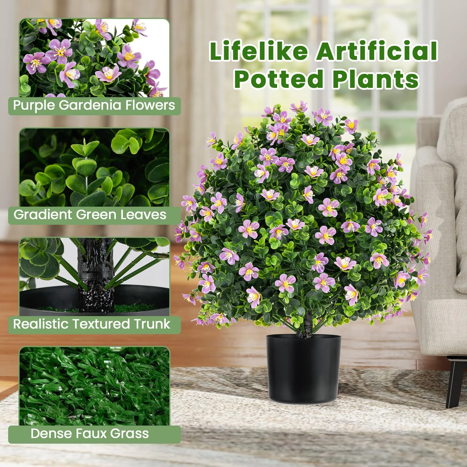 Goplus Set of 2 Faux Potted Plants Artificial Shrubs Bushes with Flowers - Image 4
