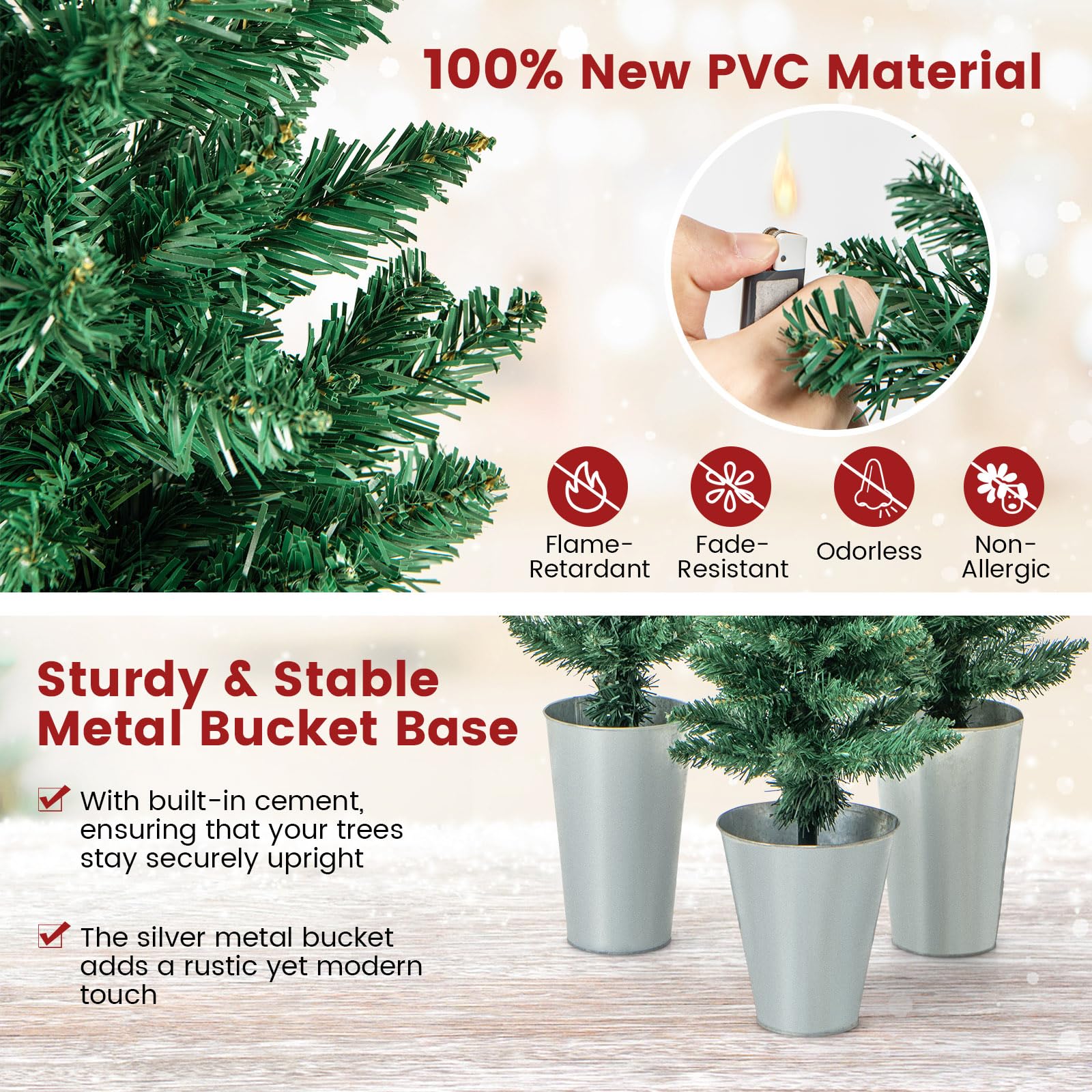 Goplus Set of 3 Artificial Christmas Tree, 3' 4' 5' Slim Pencil Xmas Tree with Silver Metal Buckets - Image 3