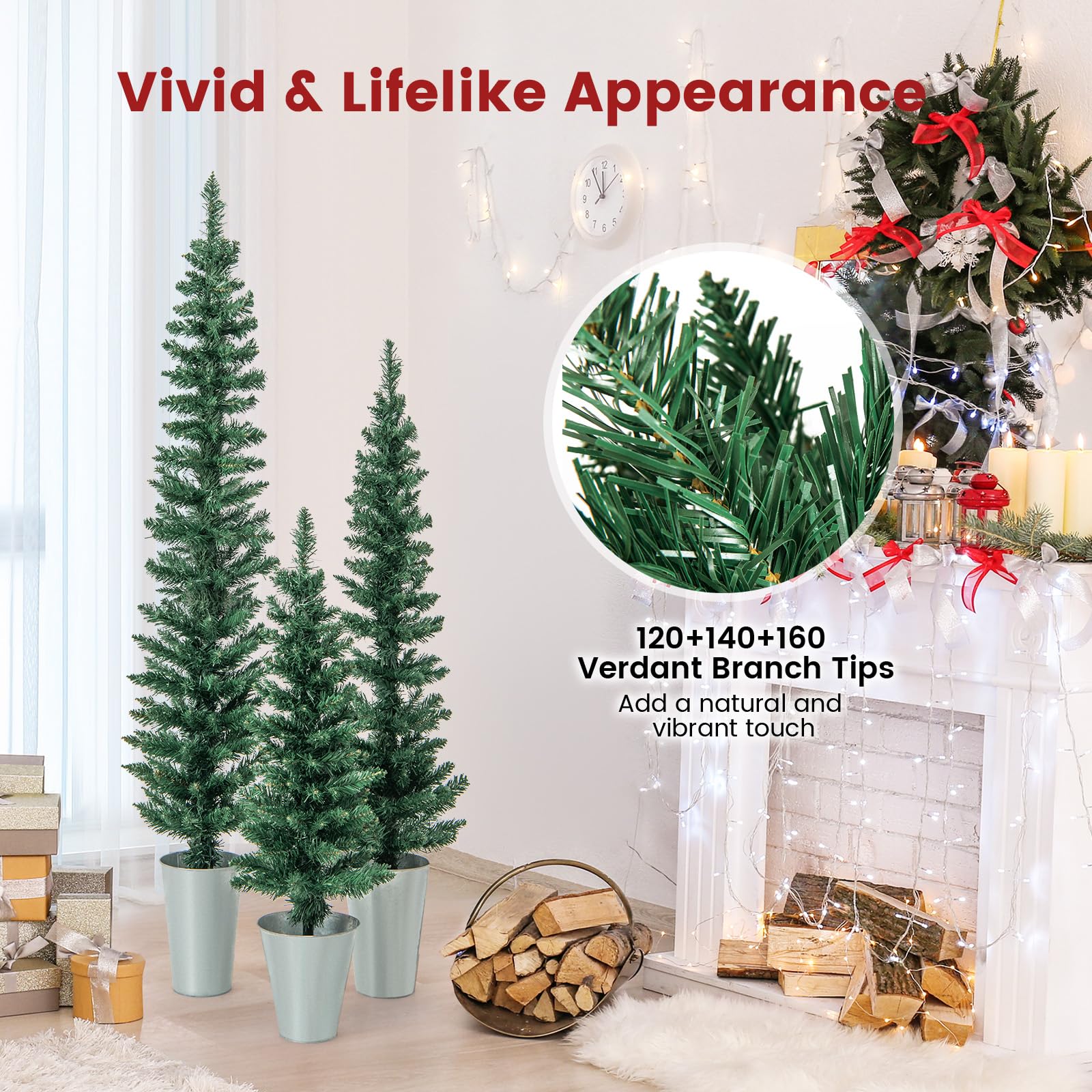 Goplus Set of 3 Artificial Christmas Tree, 3' 4' 5' Slim Pencil Xmas Tree with Silver Metal Buckets - Image 4