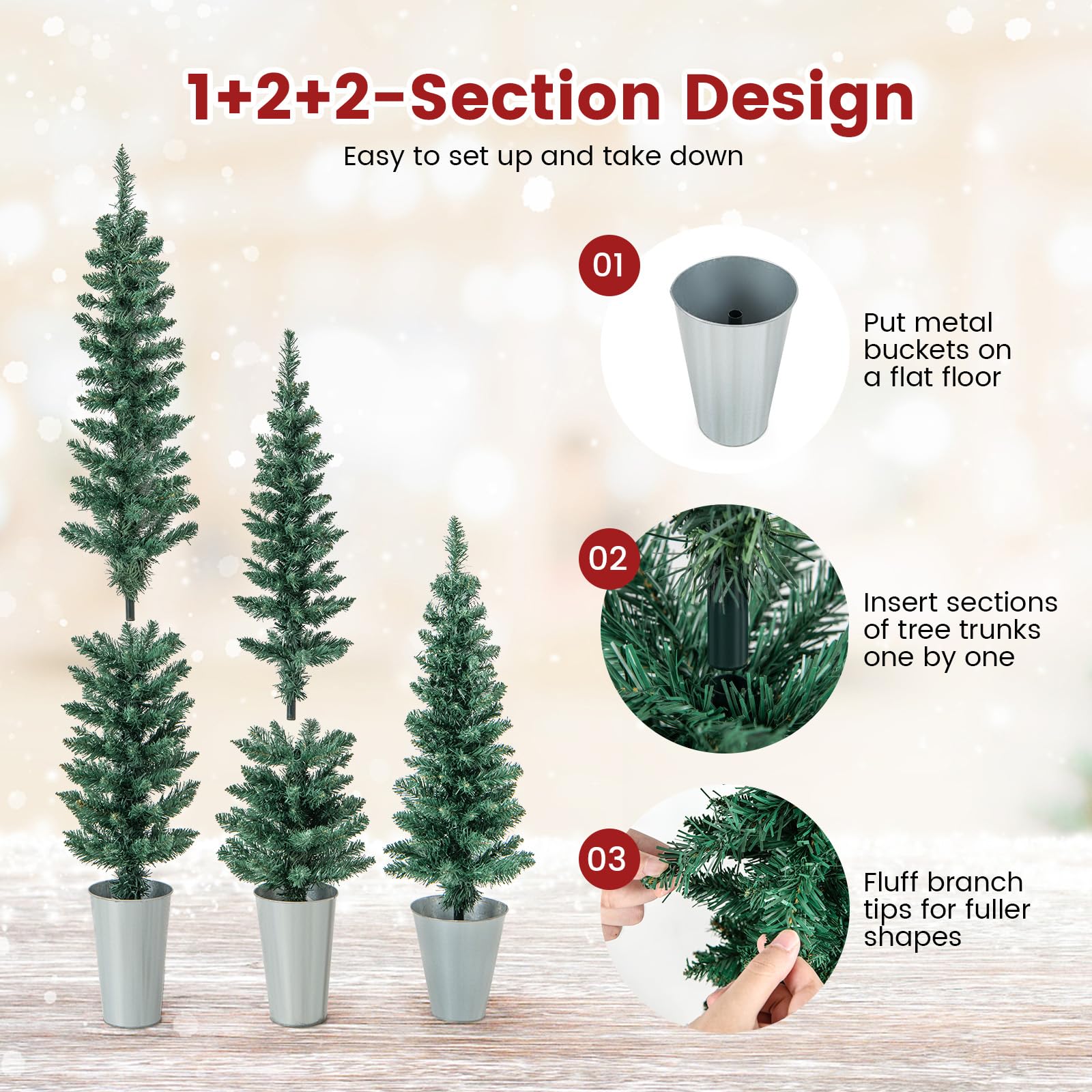 Goplus Set of 3 Artificial Christmas Tree, 3' 4' 5' Slim Pencil Xmas Tree with Silver Metal Buckets - Image 5