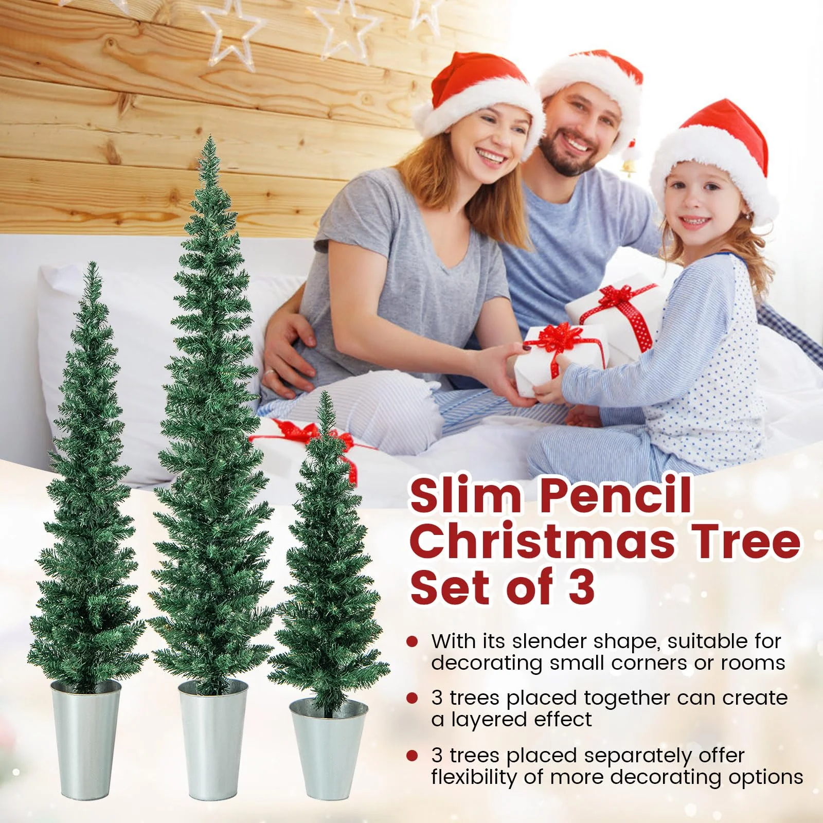 Goplus Set of 3 Artificial Christmas Tree, 3' 4' 5' Slim Pencil Xmas Tree with Silver Metal Buckets - Image 6