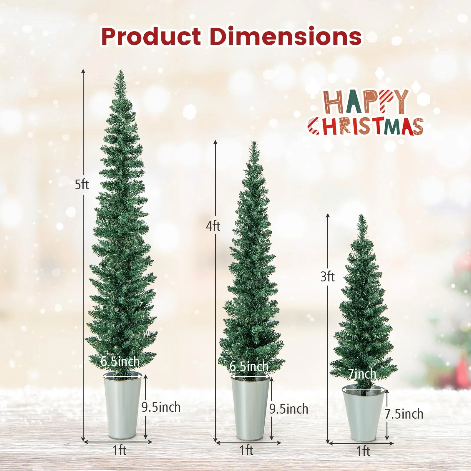 Goplus Set of 3 Artificial Christmas Tree, 3' 4' 5' Slim Pencil Xmas Tree with Silver Metal Buckets - Image 7