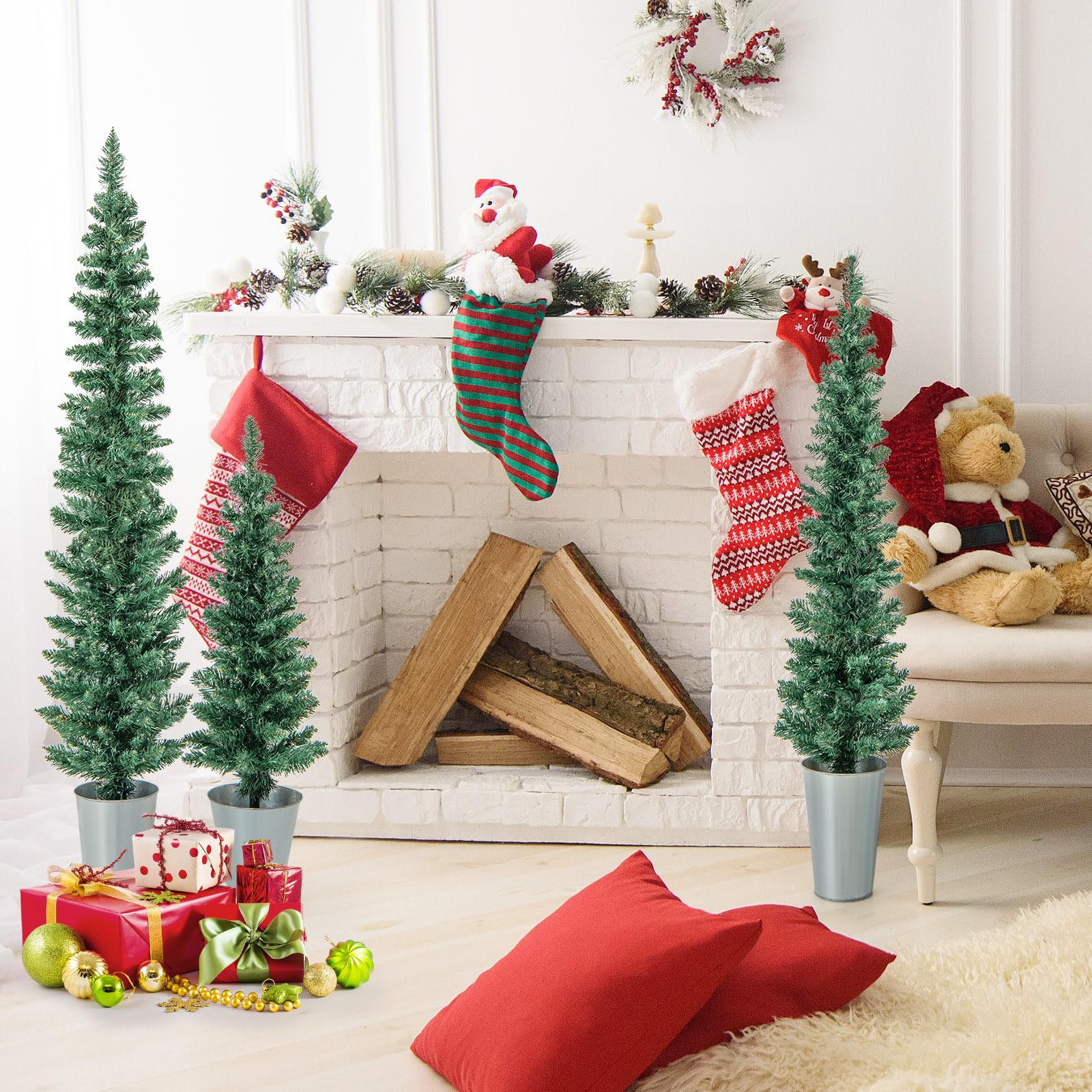 Goplus Set of 3 Artificial Christmas Tree, 3' 4' 5' Slim Pencil Xmas Tree with Silver Metal Buckets - Image 8