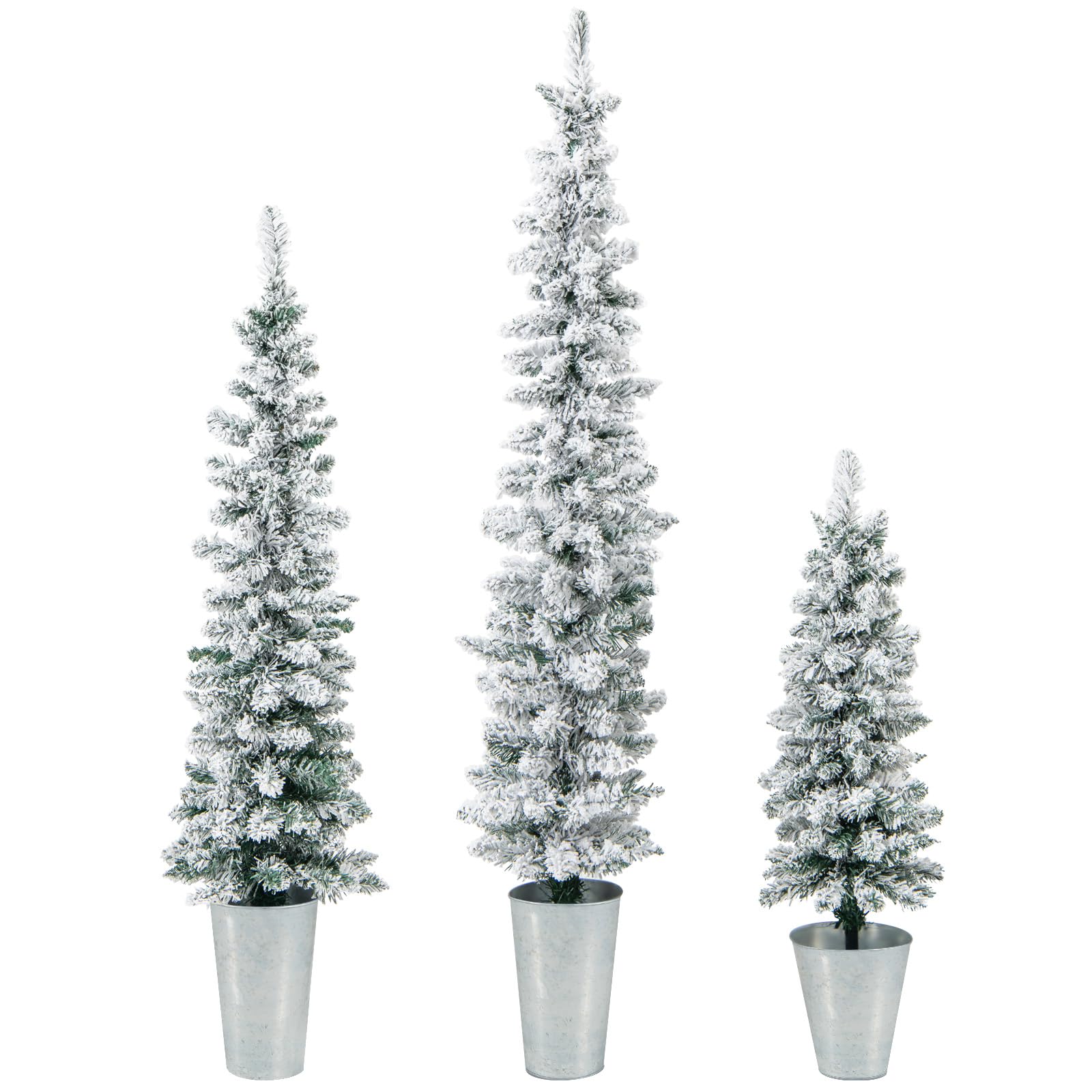 Goplus Set of 3 Artificial Christmas Tree, 3' 4' 5' Slim Pencil Xmas Tree with Silver Metal Buckets - Image 9