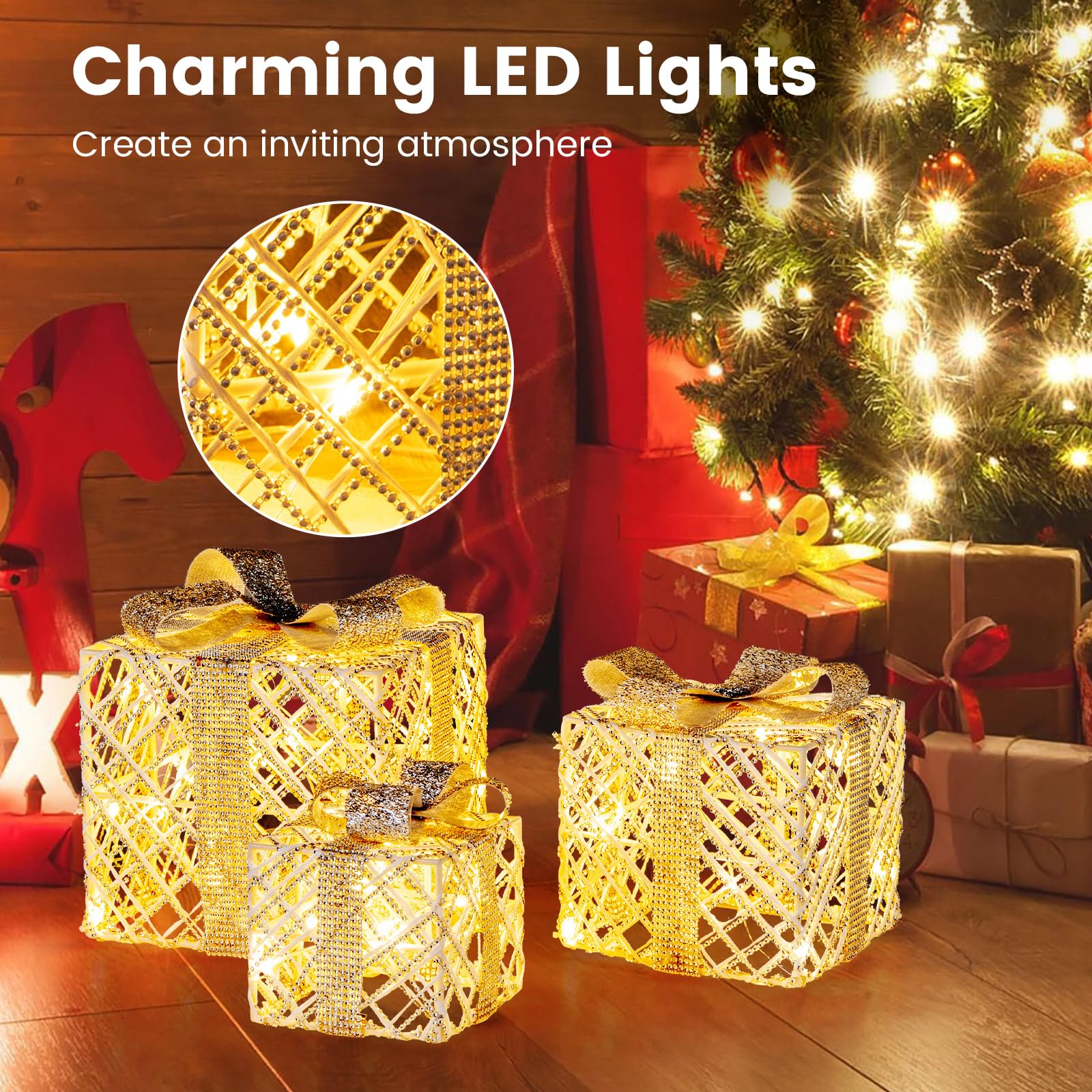 Goplus Set of 3 Christmas Lighted Gift Boxes, 90 LED Light up Present Boxes with Bows - Image 2