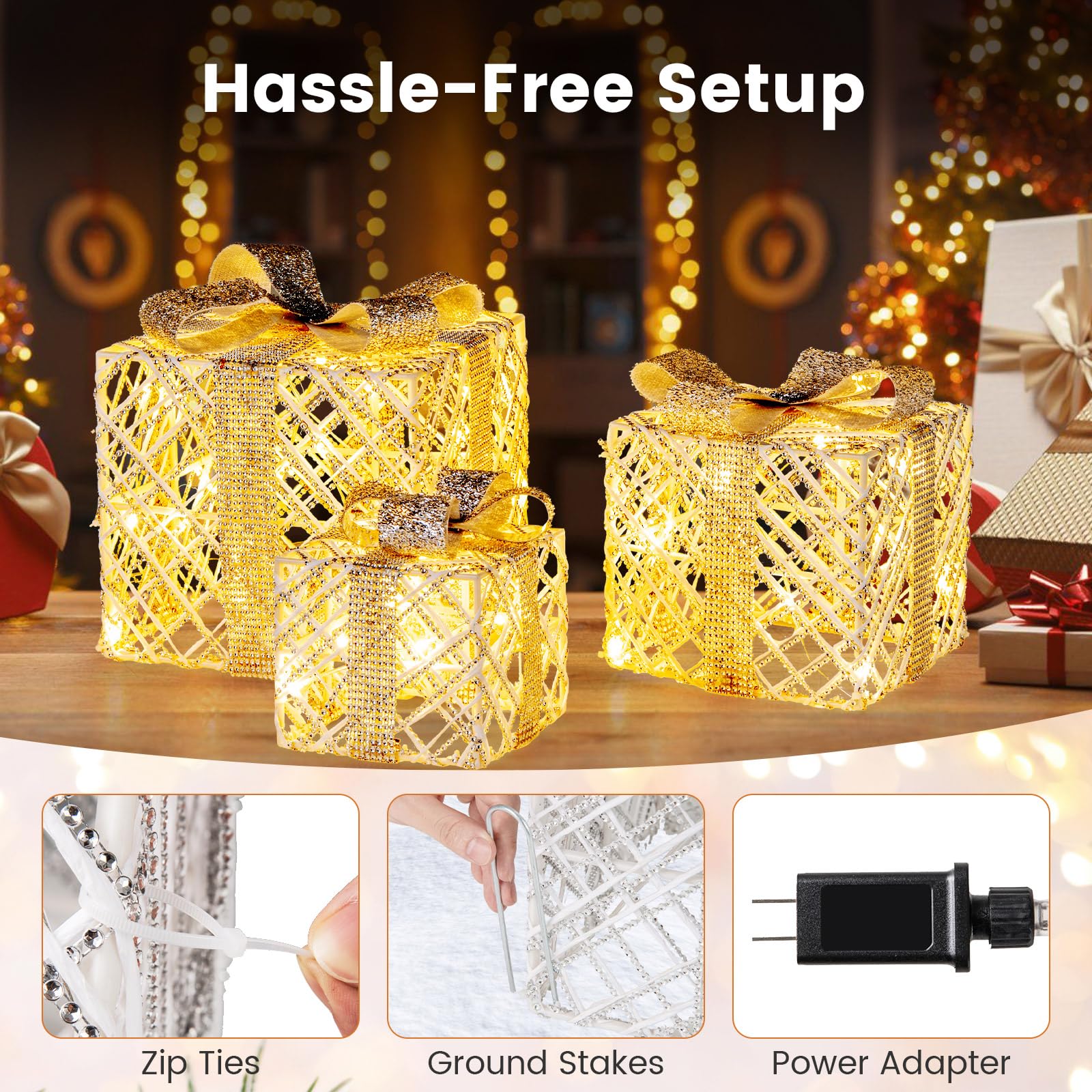 Goplus Set of 3 Christmas Lighted Gift Boxes, 90 LED Light up Present Boxes with Bows - Image 3