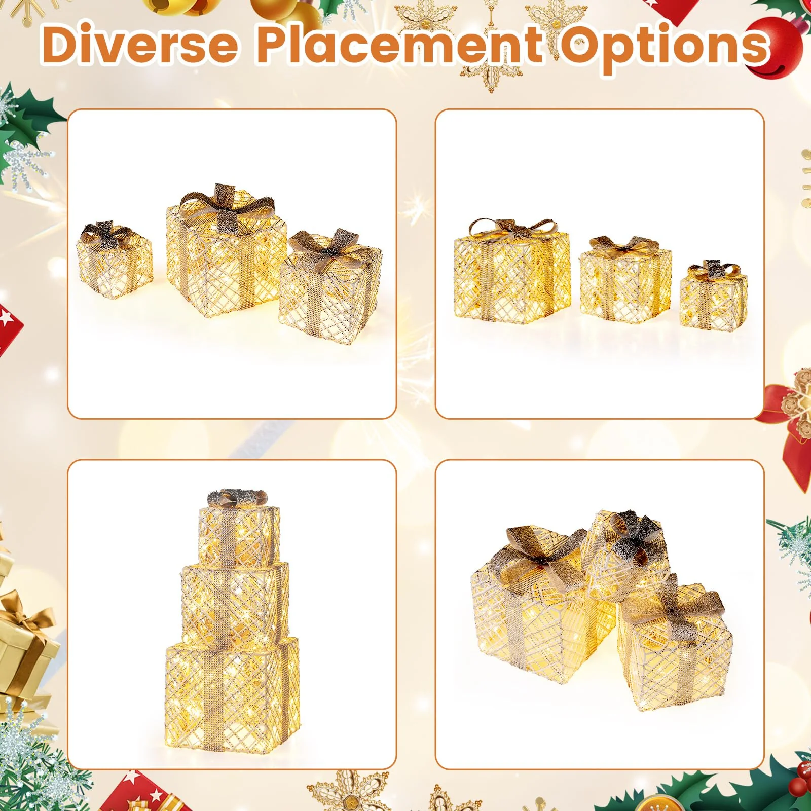 Goplus Set of 3 Christmas Lighted Gift Boxes, 90 LED Light up Present Boxes with Bows - Image 4