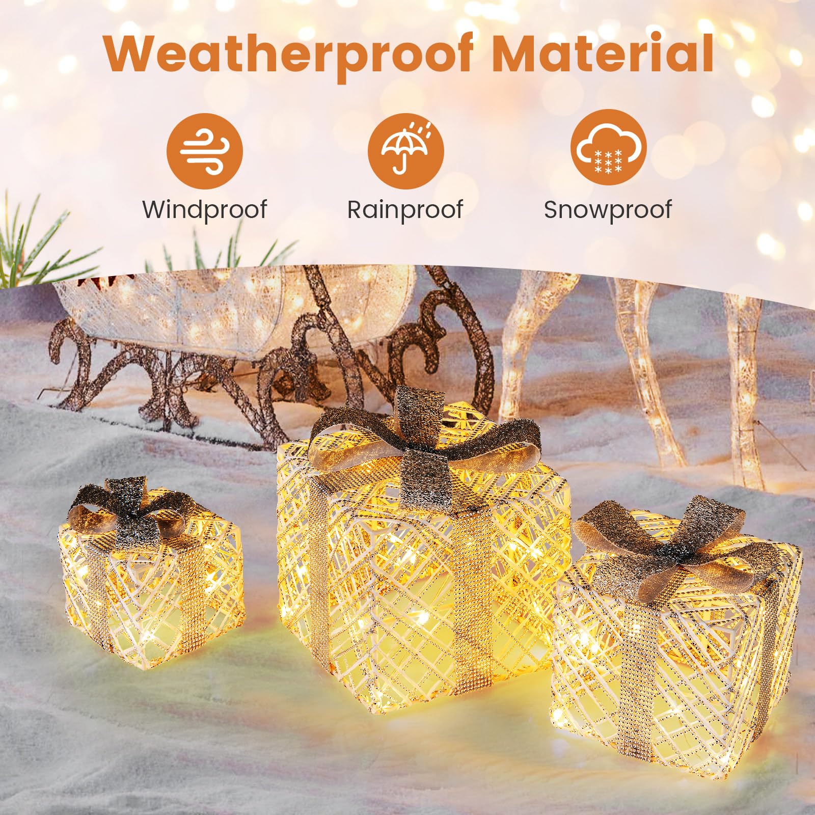 Goplus Set of 3 Christmas Lighted Gift Boxes, 90 LED Light up Present Boxes with Bows - Image 5