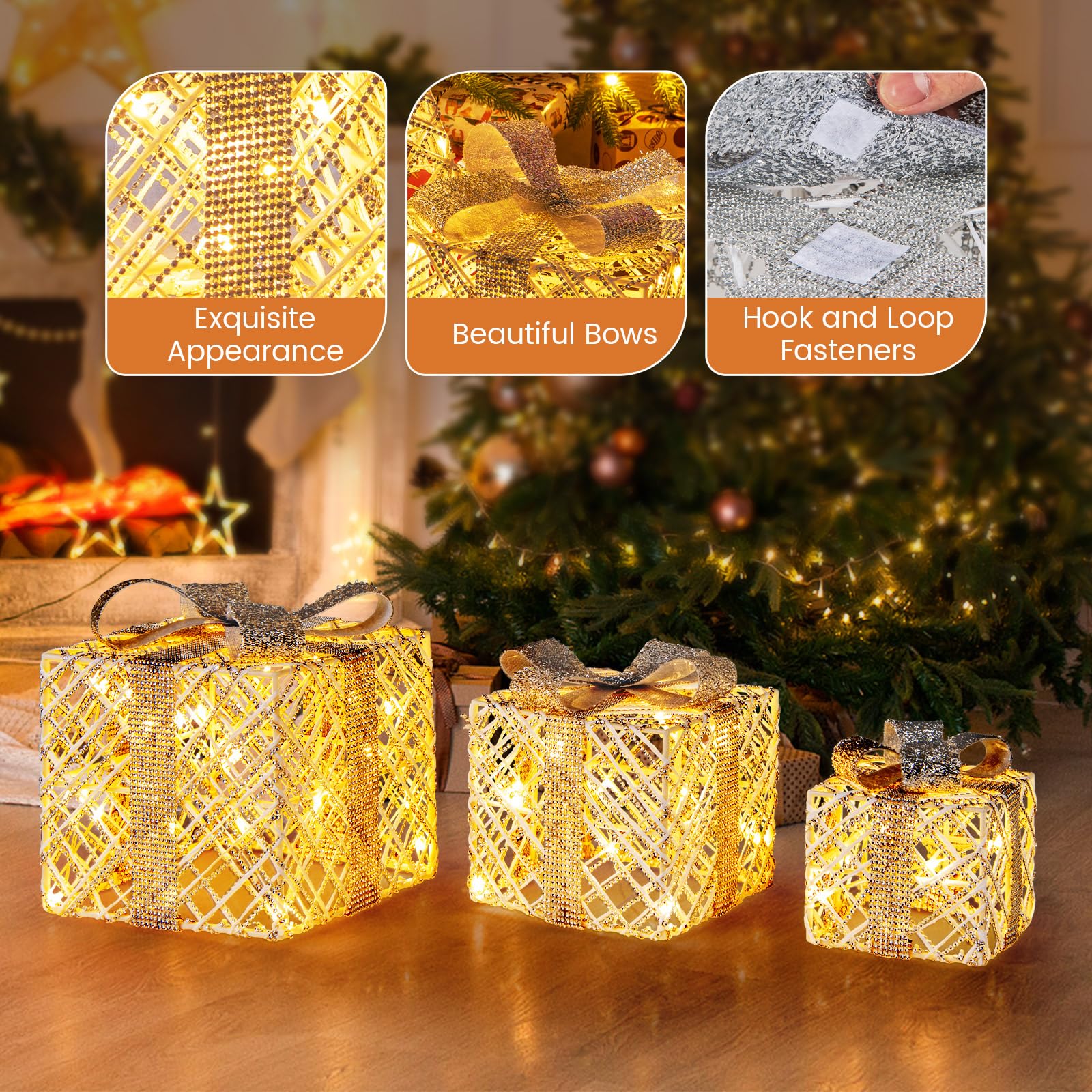 Goplus Set of 3 Christmas Lighted Gift Boxes, 90 LED Light up Present Boxes with Bows - Image 6