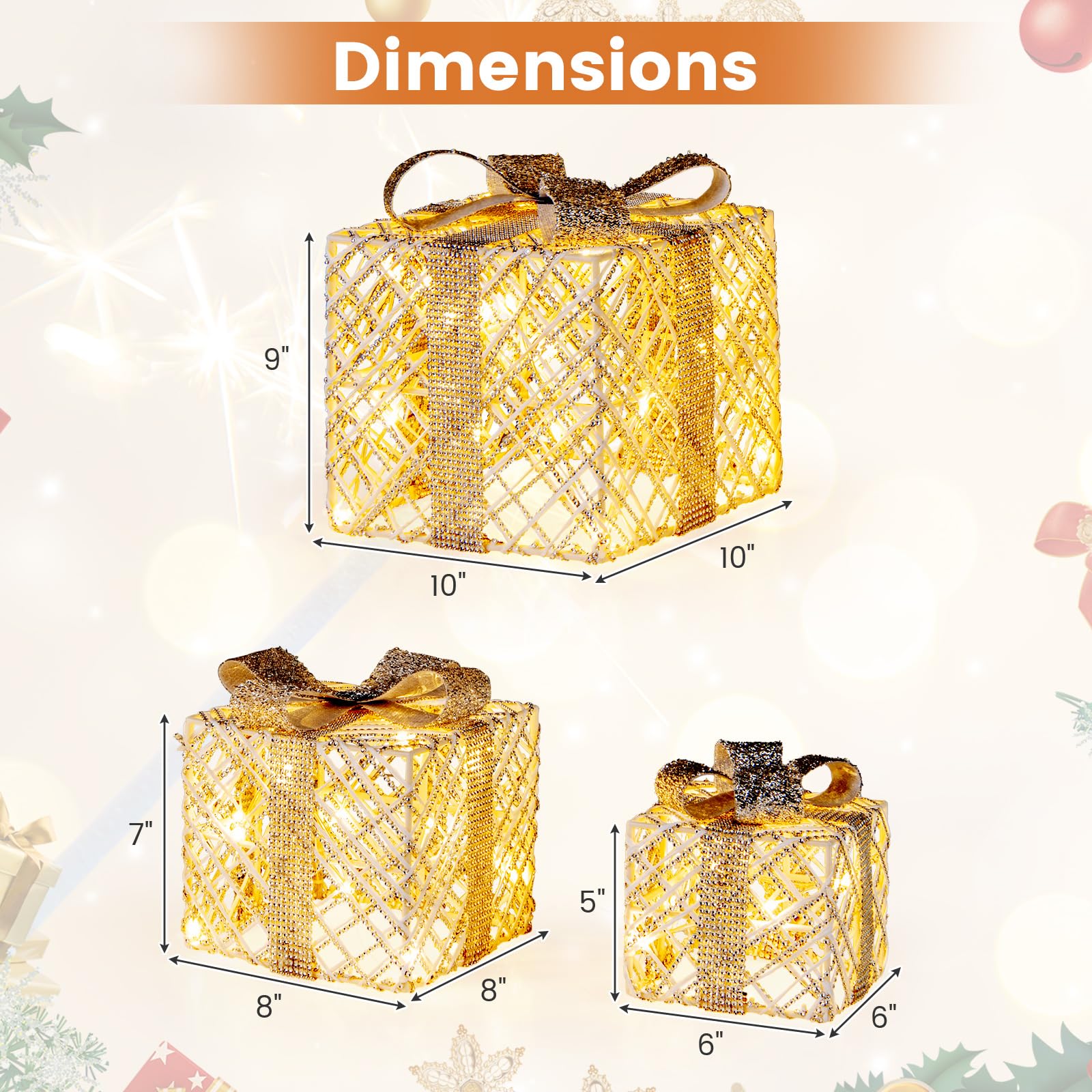 Goplus Set of 3 Christmas Lighted Gift Boxes, 90 LED Light up Present Boxes with Bows - Image 7