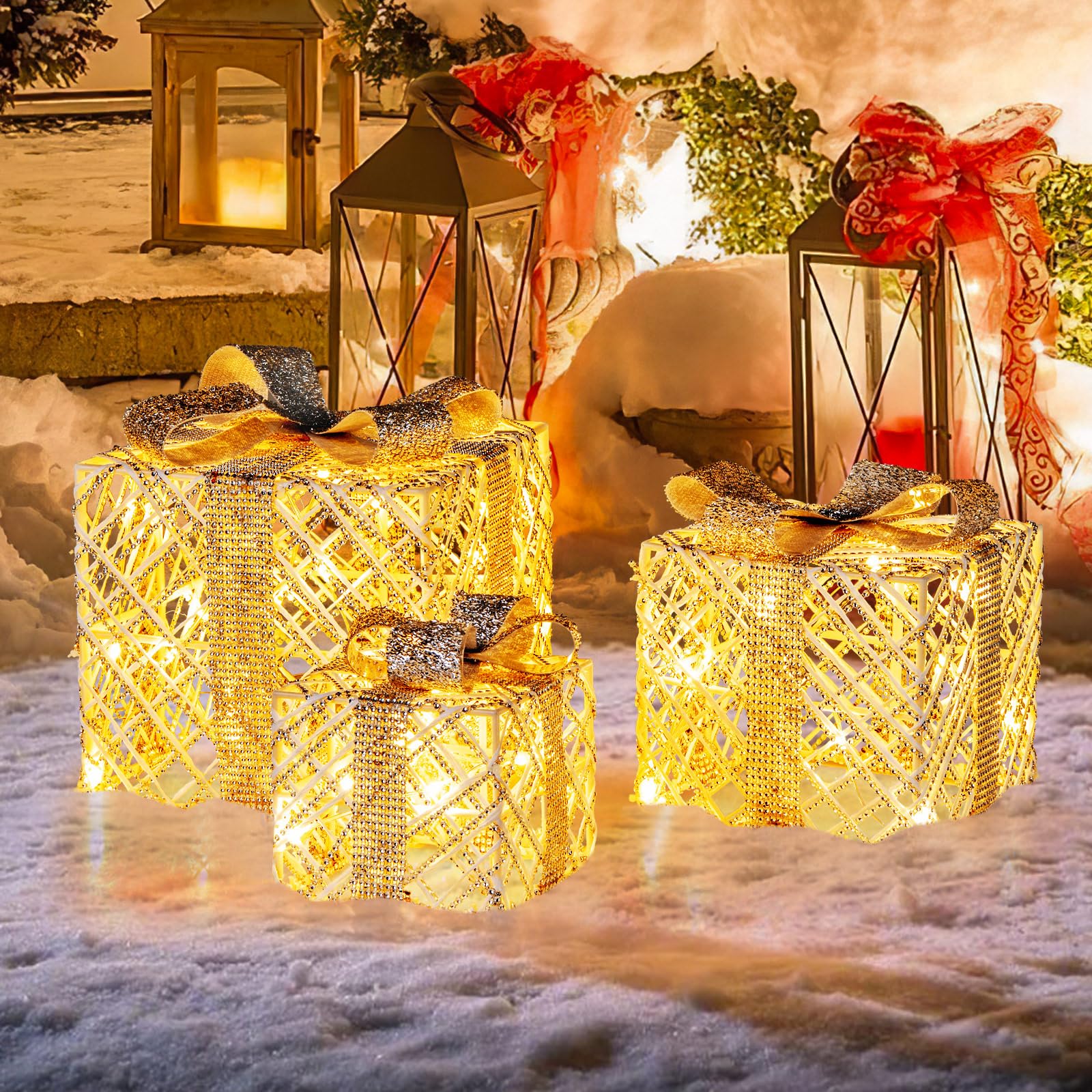 Goplus Set of 3 Christmas Lighted Gift Boxes, 90 LED Light up Present Boxes with Bows - Image 8