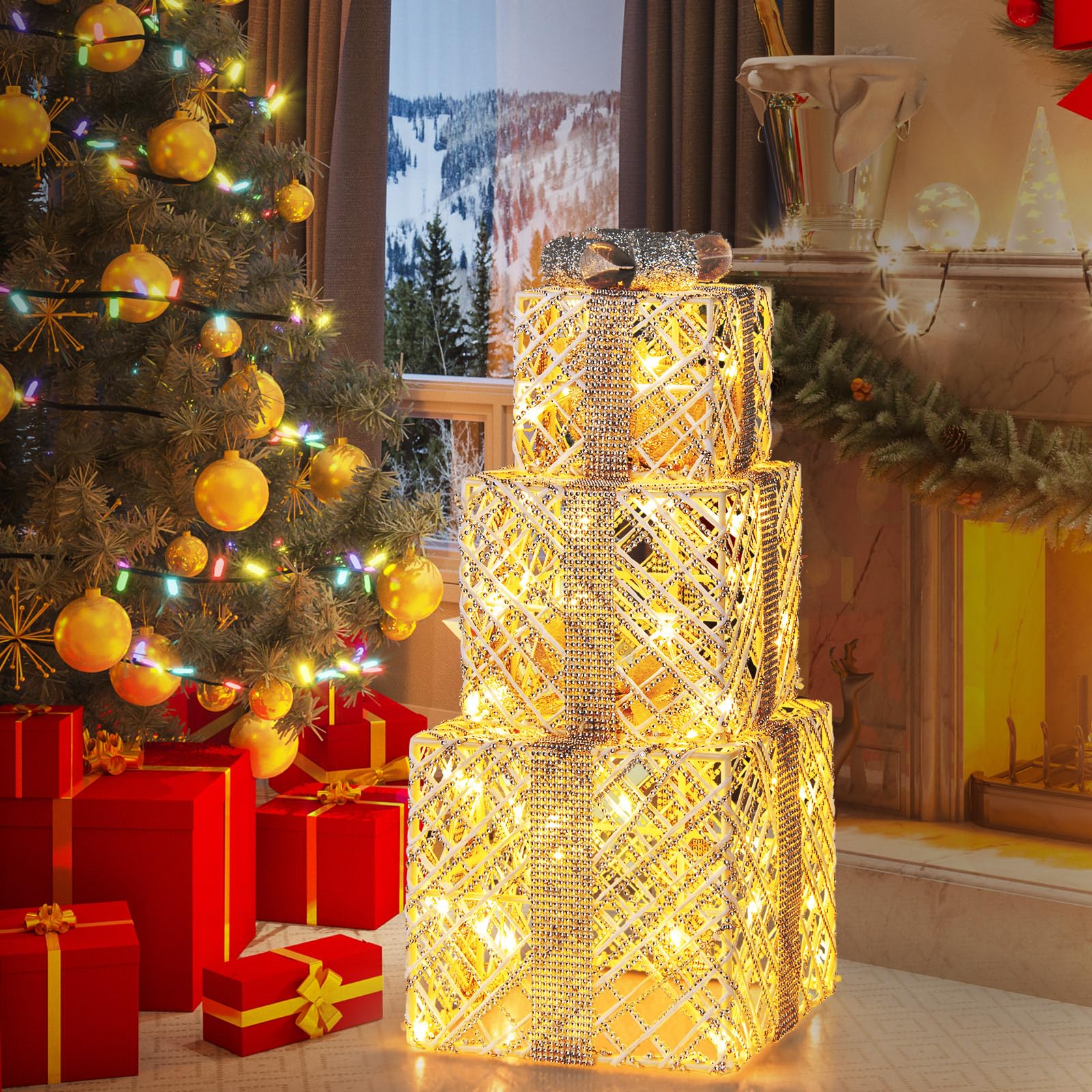 Goplus Set of 3 Christmas Lighted Gift Boxes, 90 LED Light up Present Boxes with Bows - Image 9
