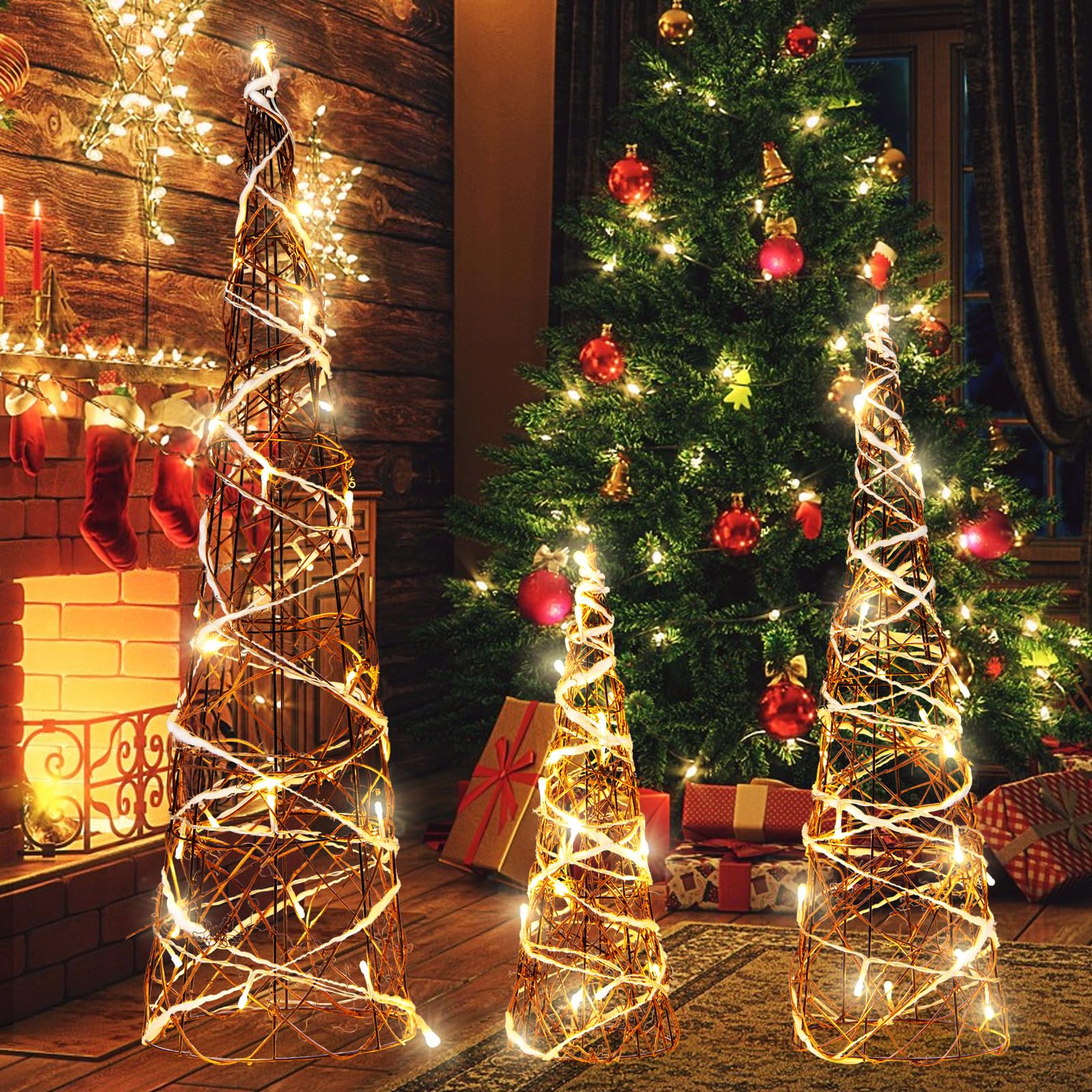 Goplus Set of 3 Large Christmas Cone Trees, 32” 24” 16” Indoor Christmas Trees w/Warm White LED Lights - Image 10