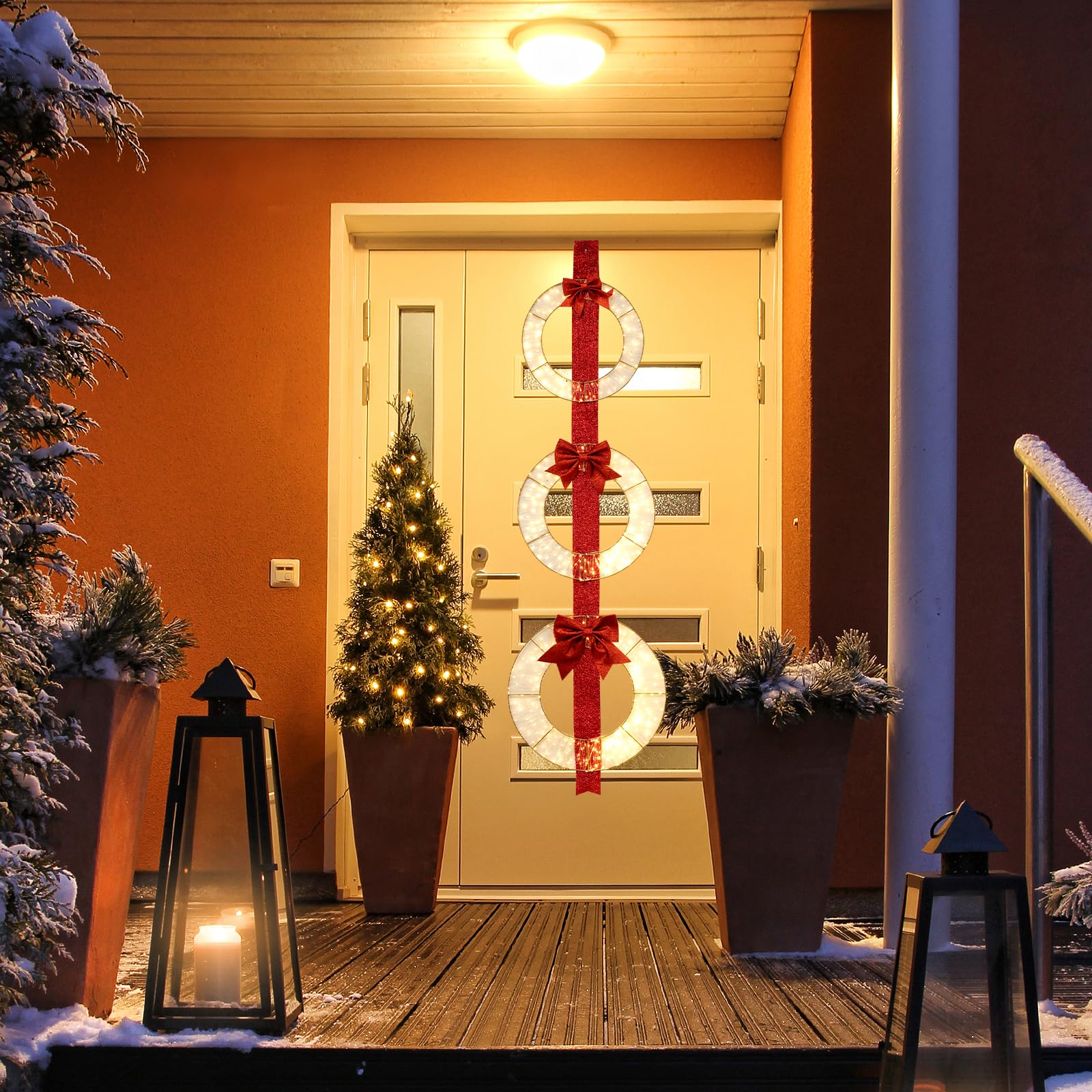 Goplus Set of 3 Pre-Lit Wreaths, 5.8 FT Xmas Light-up Decorations on Red Ribbon with 450 LED Lights - Image 2