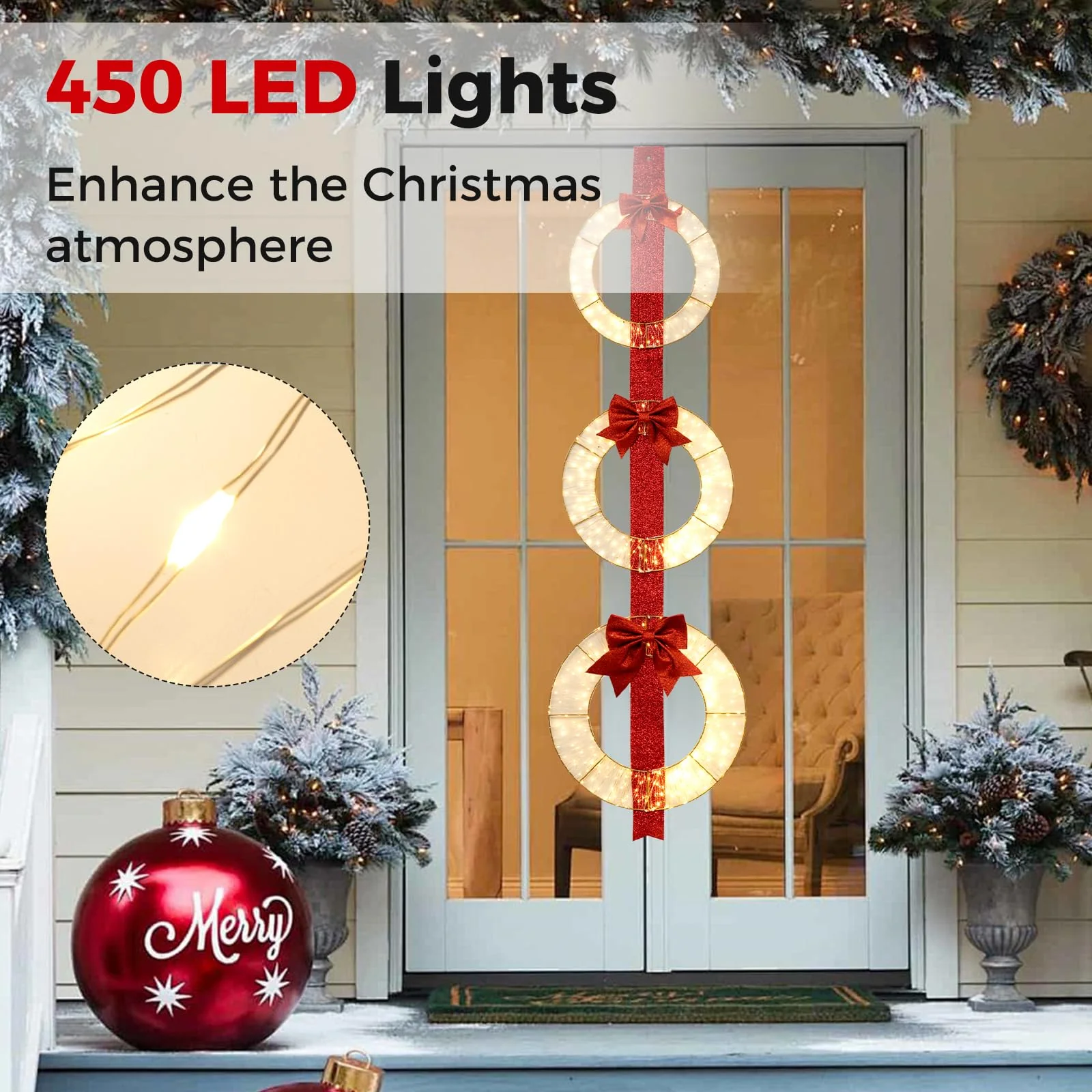 Goplus Set of 3 Pre-Lit Wreaths, 5.8 FT Xmas Light-up Decorations on Red Ribbon with 450 LED Lights - Image 3