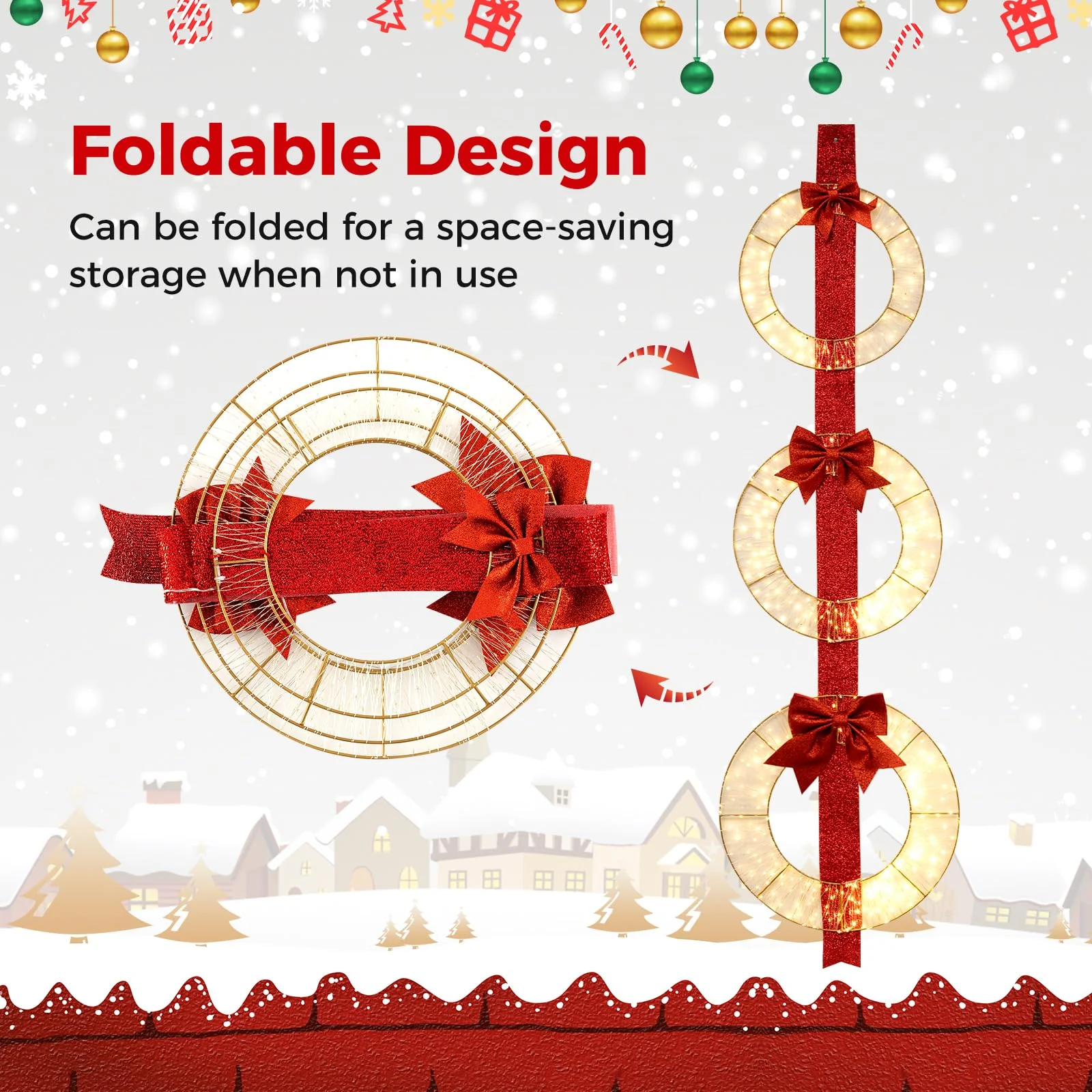 Goplus Set of 3 Pre-Lit Wreaths, 5.8 FT Xmas Light-up Decorations on Red Ribbon with 450 LED Lights - Image 4