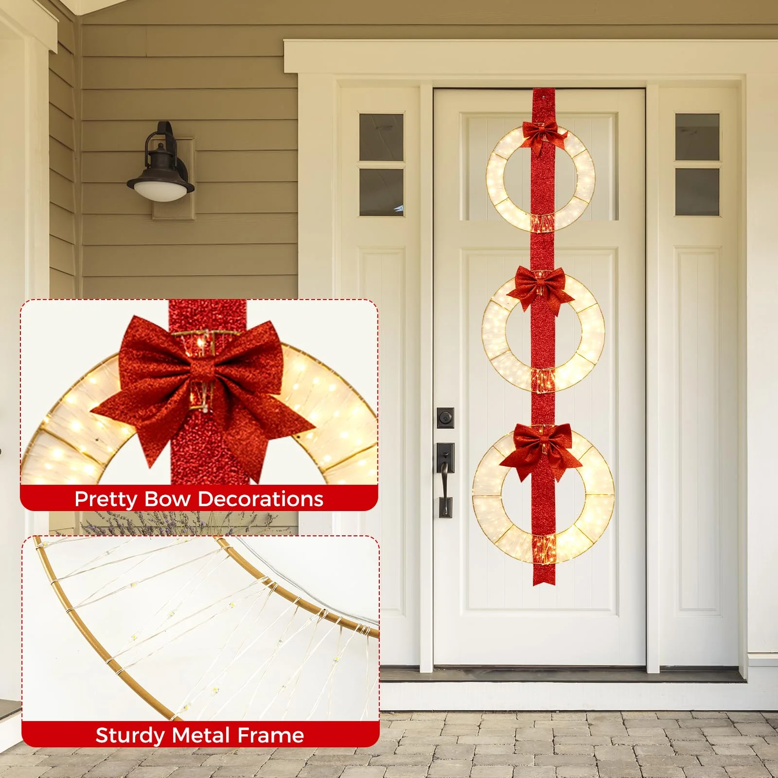 Goplus Set of 3 Pre-Lit Wreaths, 5.8 FT Xmas Light-up Decorations on Red Ribbon with 450 LED Lights - Image 5