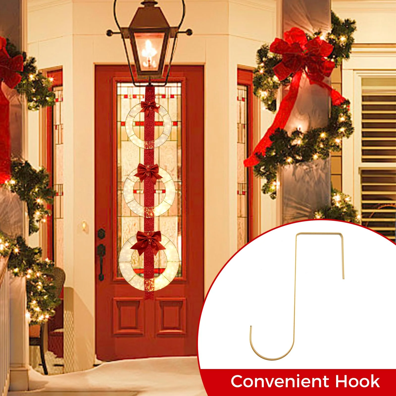 Goplus Set of 3 Pre-Lit Wreaths, 5.8 FT Xmas Light-up Decorations on Red Ribbon with 450 LED Lights - Image 6