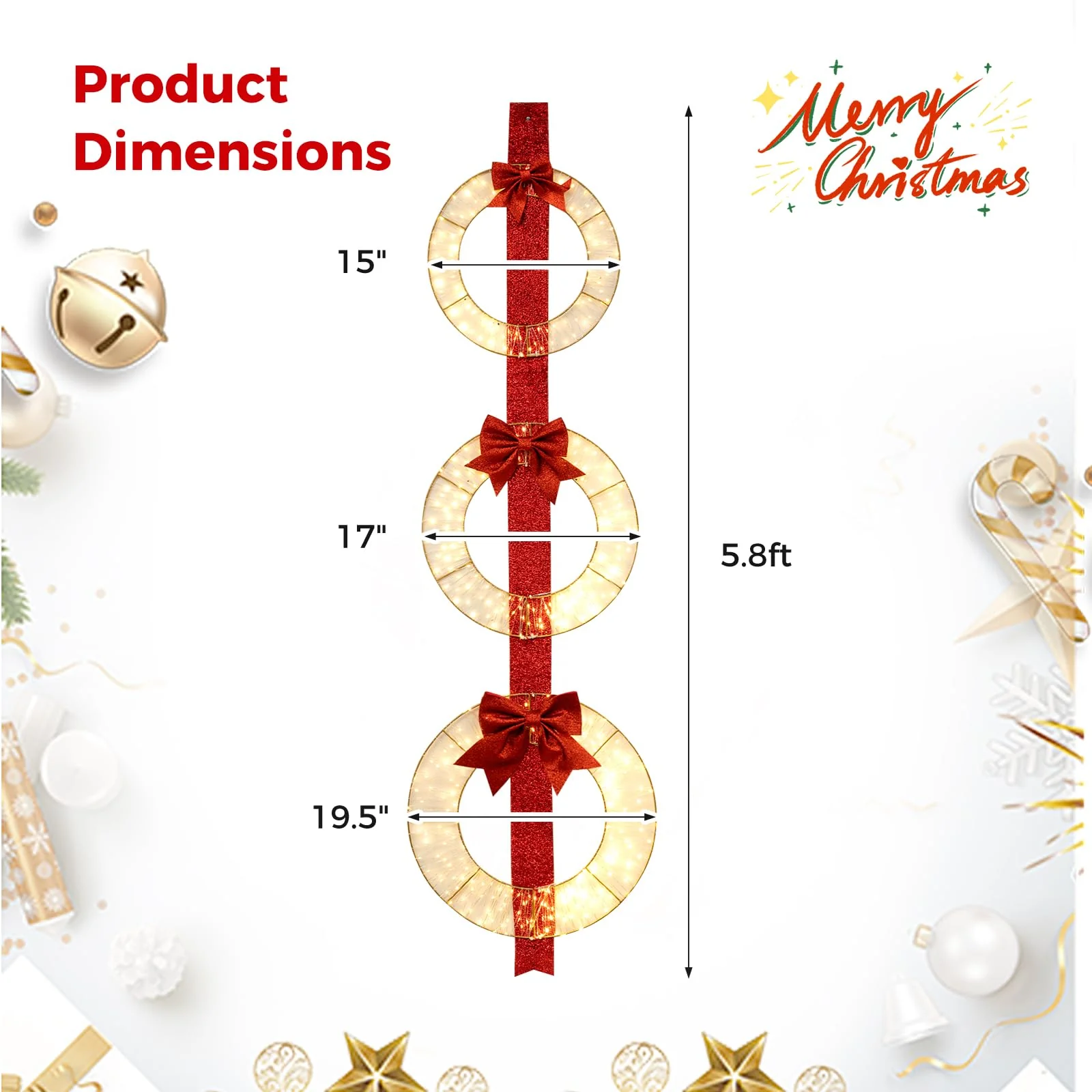 Goplus Set of 3 Pre-Lit Wreaths, 5.8 FT Xmas Light-up Decorations on Red Ribbon with 450 LED Lights - Image 7